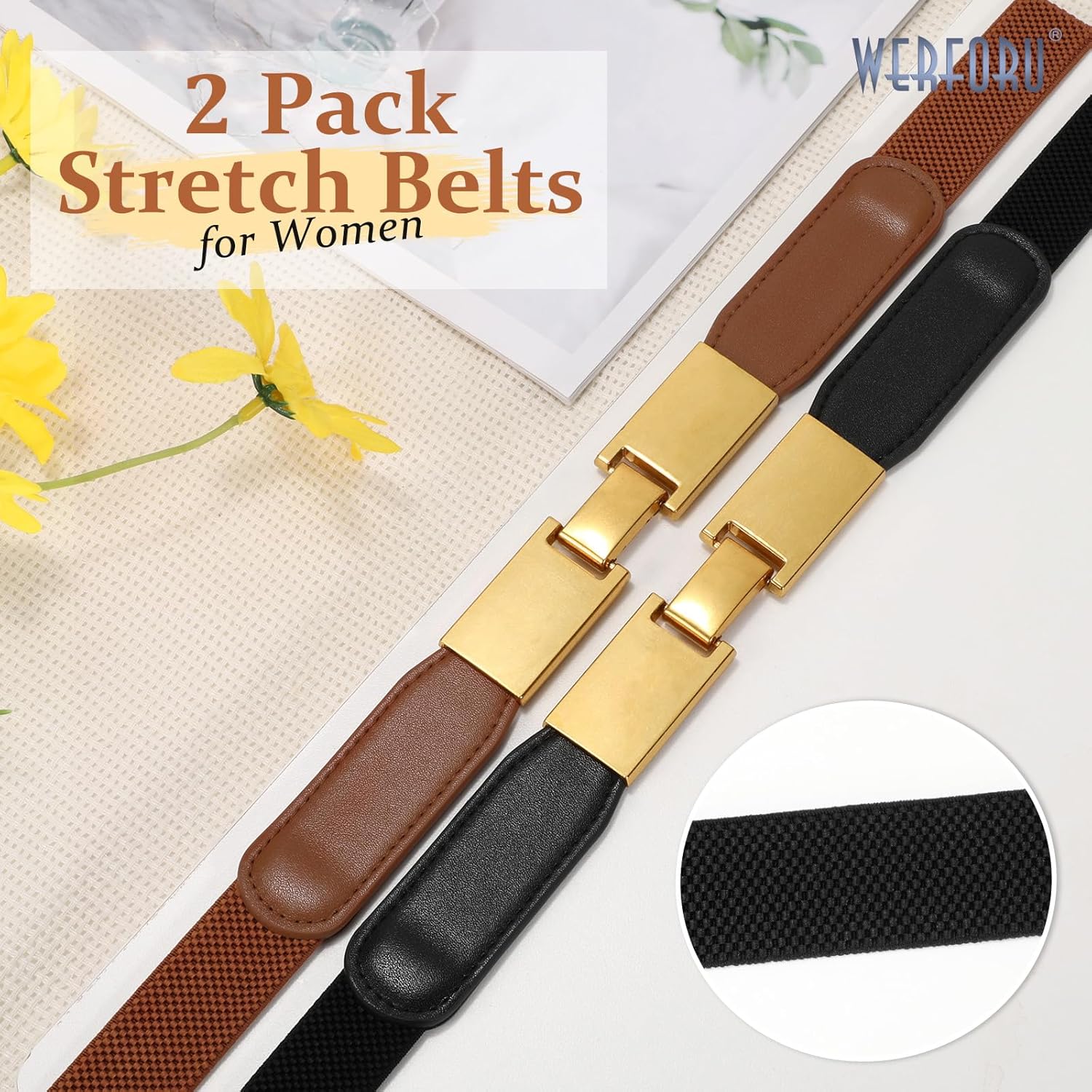 WERFORU 2 Pack Women Skinny Elastic Waist Belt Gold Silver Buckle Stretchy Thin Belt for Jeans Dress 0.98" Width - Image 4