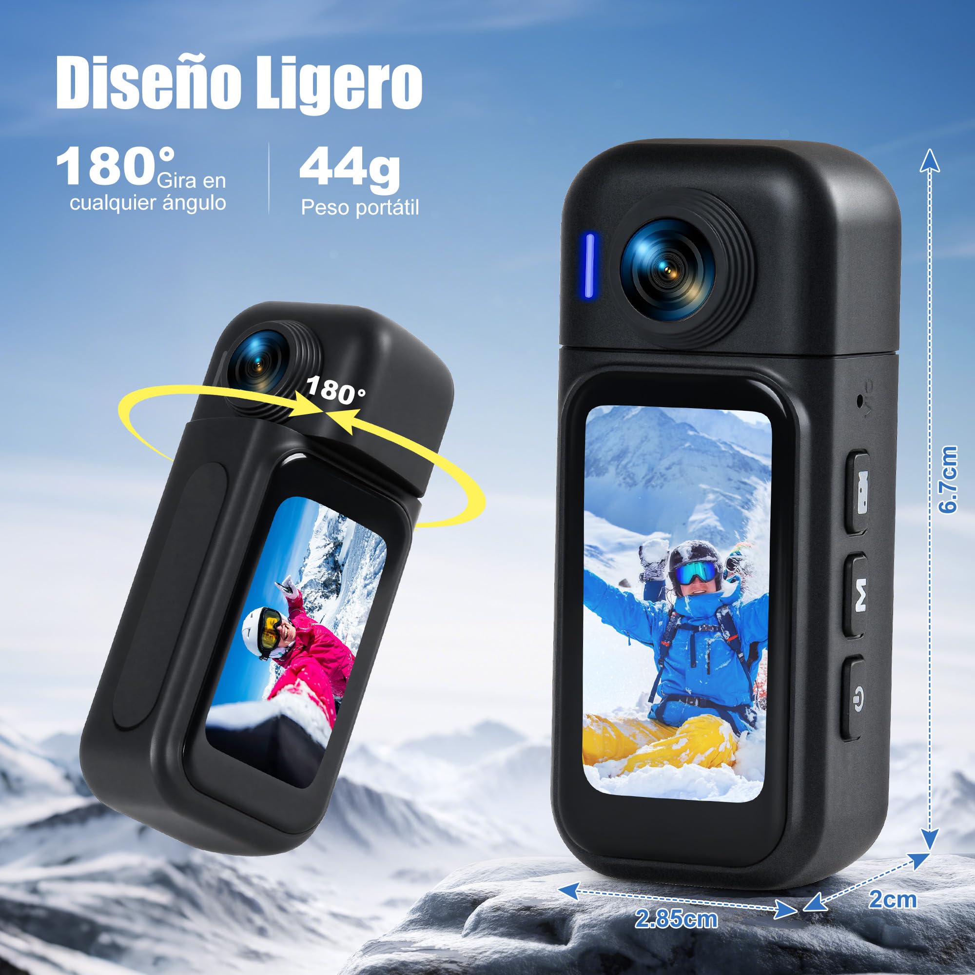 Cámara de Acción 360°con Pantalla Visible, 8h Batería y 30M Impermeable – 120° Gran Angular, WiFi, POV Cámara Body de 64GB, Montaje Magnético y 10+ Accesorios para Viajes, Deportes