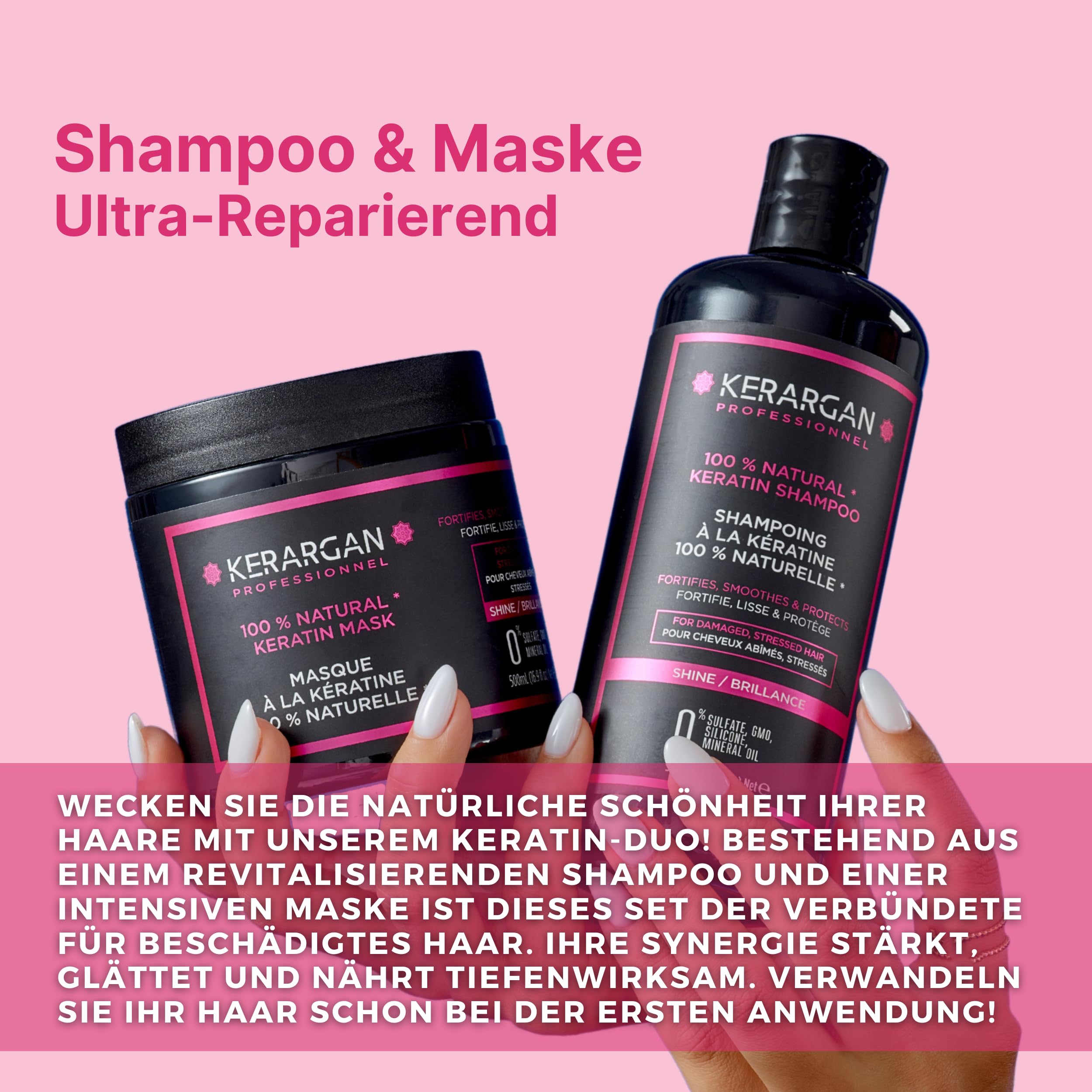 Kerargan - Duo Ultra Reparatur Shampoo & Maske mit Keratin für strapazierte und gestresste Haare - Nährt, Glättet & Schützt - Ohne Sulfate, GVO, Silikone - 2x500 ml | Shampoo und Haarmaske reinigen und reparieren geschädigtes oder strapaziertes Haar inten