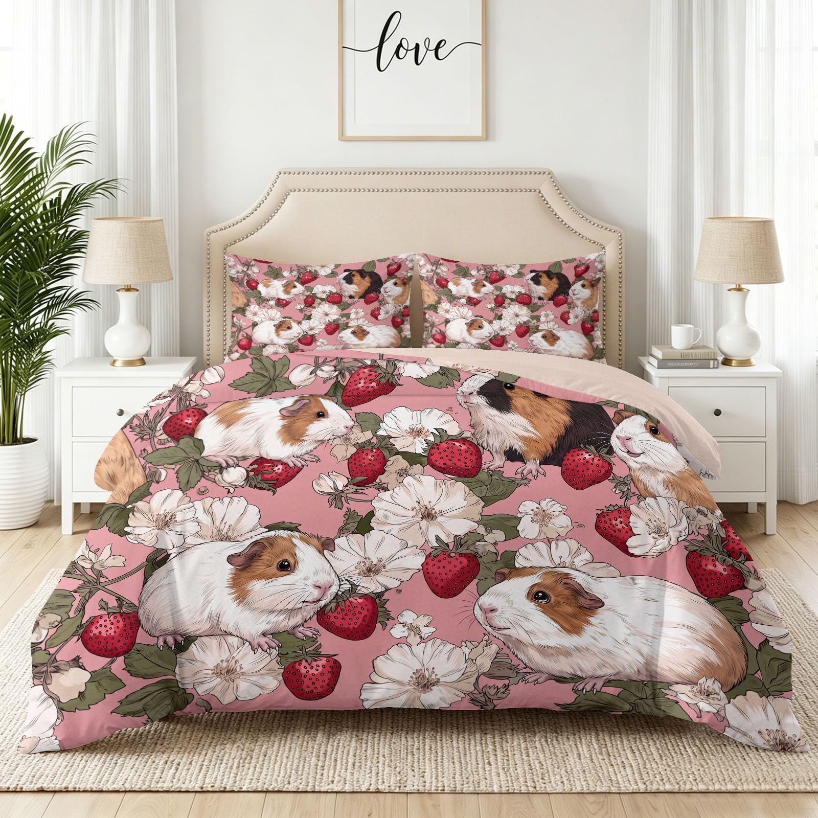 Linge de lit cochon d'Inde 140x200 microfibres avec taies d'oreiller motif fraise