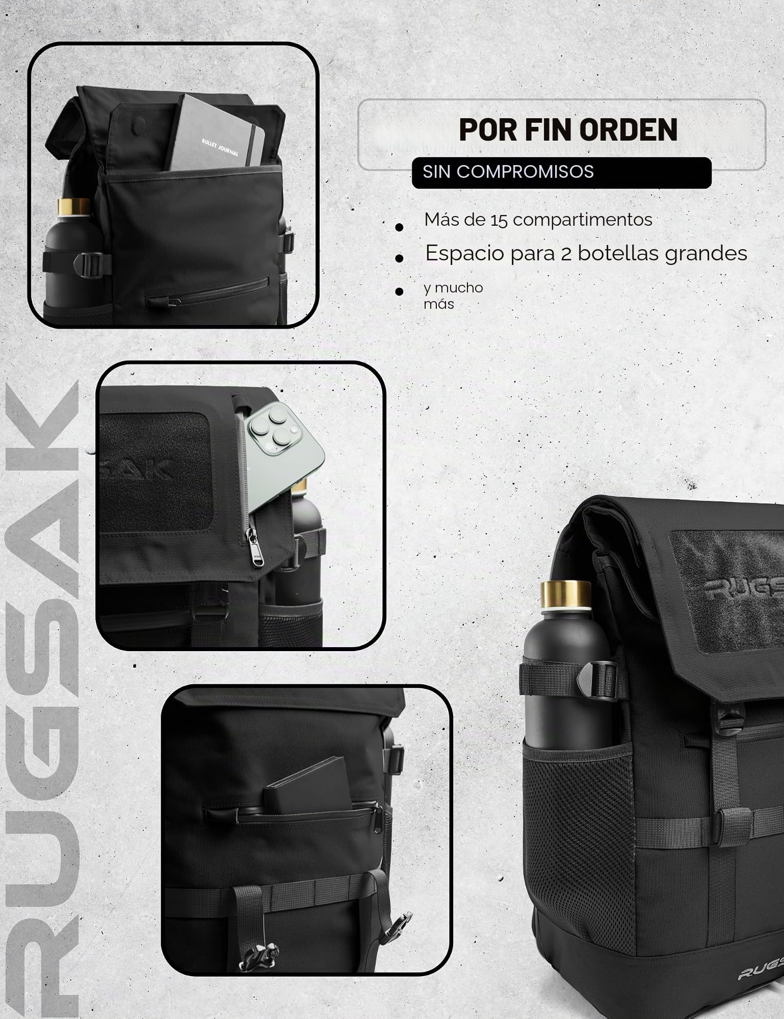 RUGSAK® Original Mochila enrollable de 30 l, tecnología de 3 tamaños, con compartimento Lapotpfach de 18 pulgadas, resistente al agua, para trabajo, escuela, viajes y deportes, para hombre y mujer –