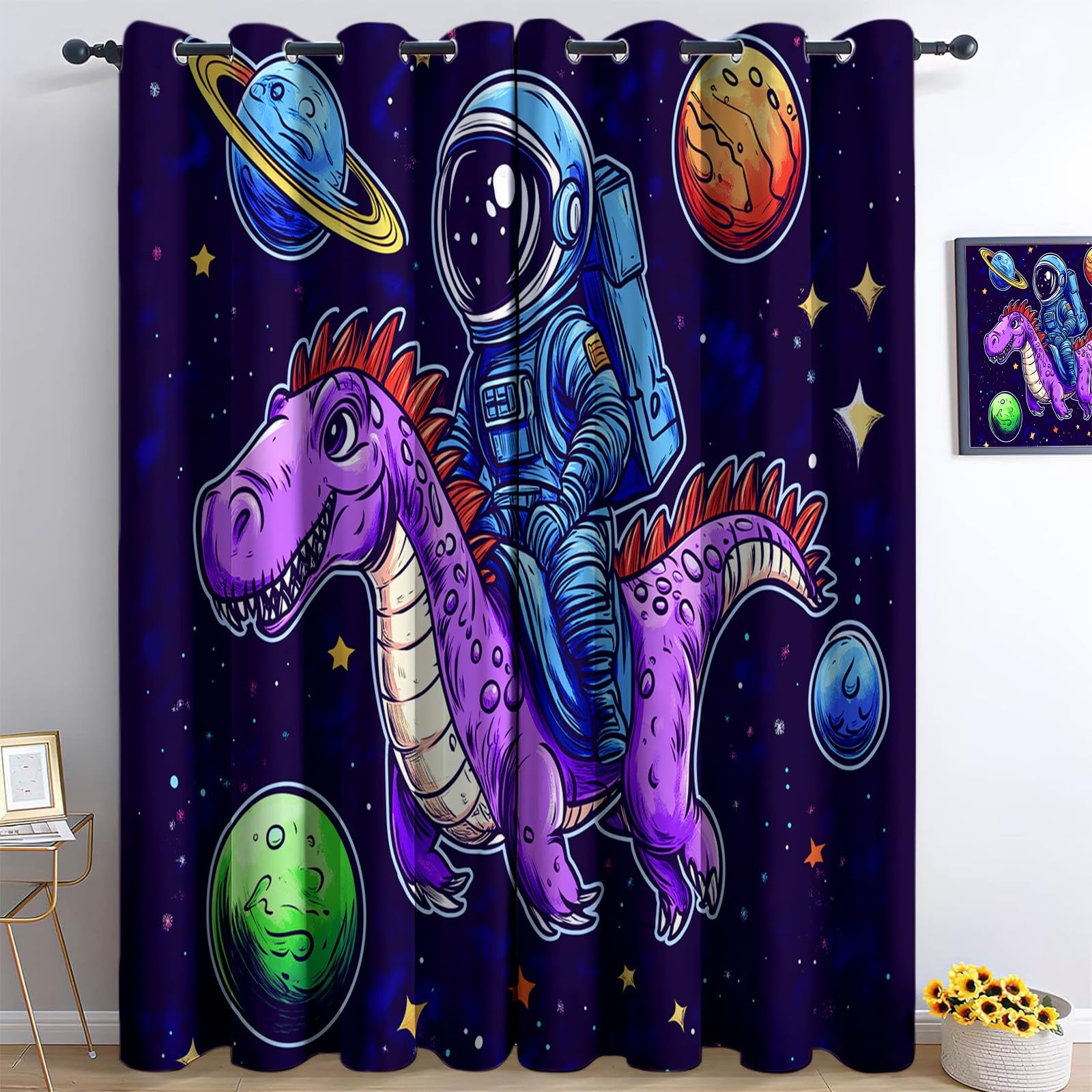 Graffitis Space Zwierzęta Dinozaury Termiczna zasłona zaciemniająca 75 x 166 cm Zestaw 2 sztuk, zasłony do salonu, salonu, domu, zaciemniające, izolacja termiczna, ochrona przed zimnem, granatowa