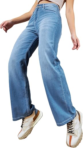 Miss Chase Women's Wide Leg High/Mid Rise Regular Length Jeans (Plus (MCSS24DEN79-02-158-32, Light Blue, 32)