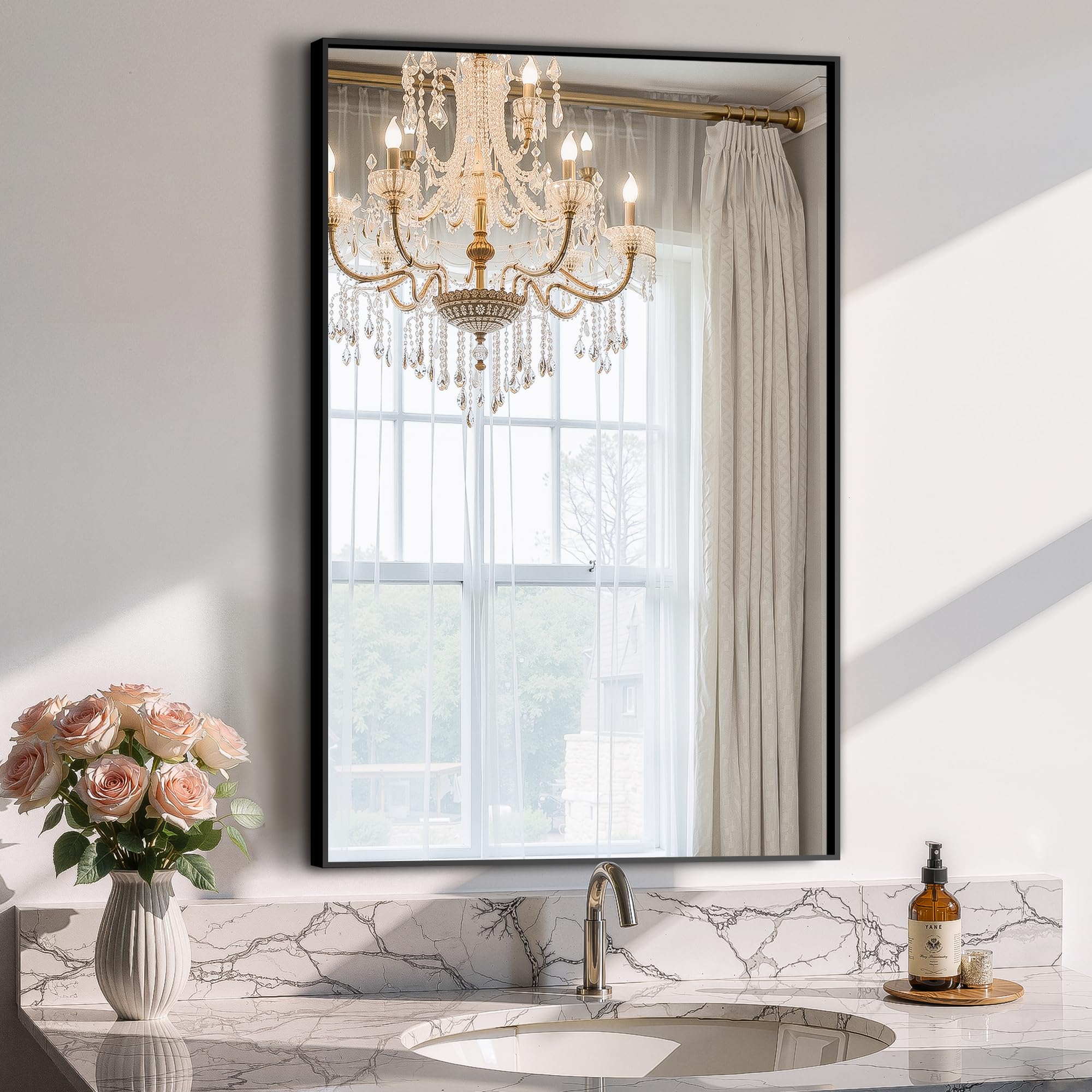 bathroom vanity mirror for wall, 20" x 30" metal framed rectangular bathroom wall mirror for over sink, hd shatterproof glass, hangs horizontally or vertically(black)