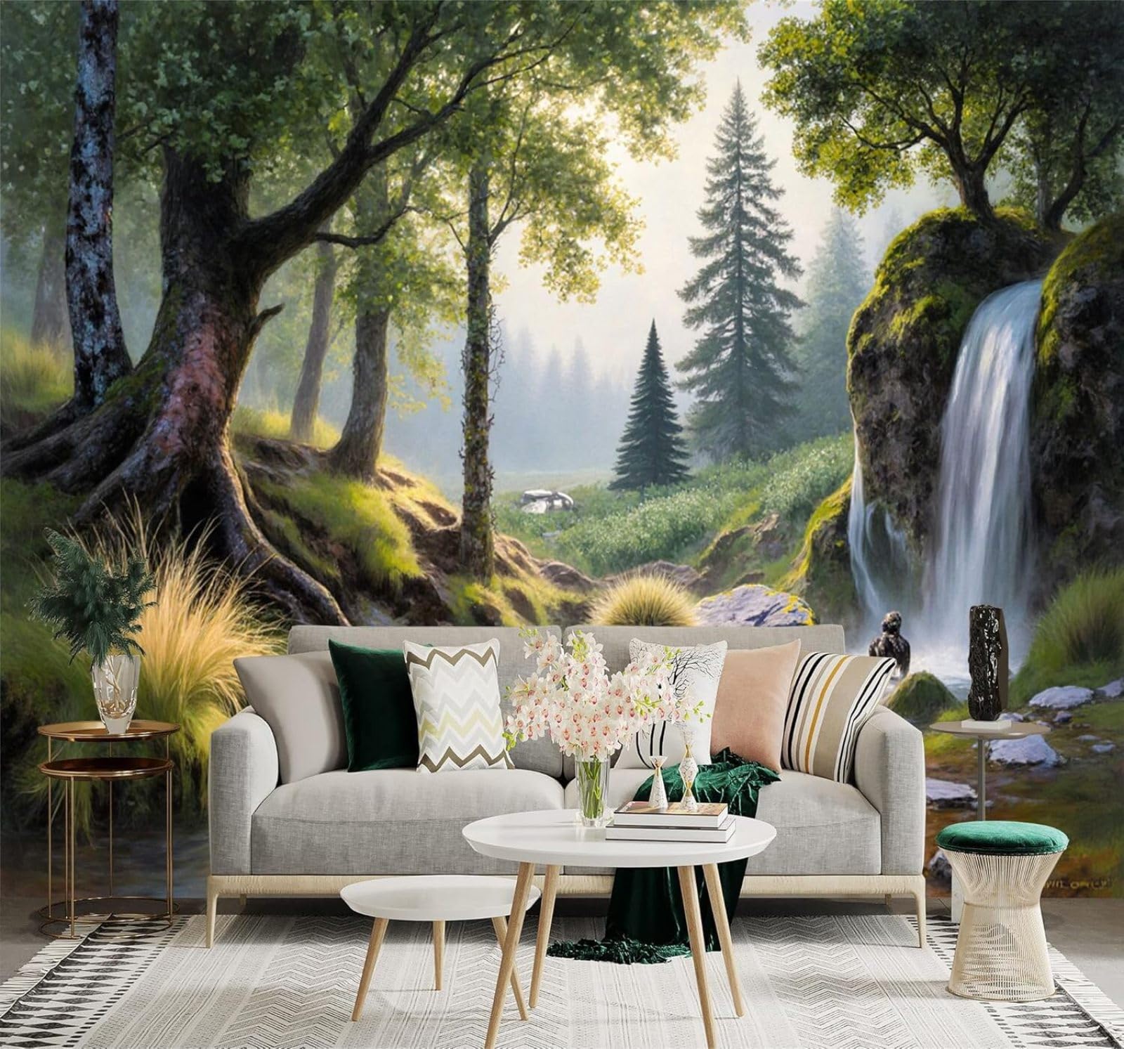 Xlming 400Cm×280Cm(B×H) Waterfall Forest Stream Mossy Rocks Natural Scenery 3D Wallpaper Premium Textured Silk Study Dining Living Room Bedroom Sofa Tv Wall Easy Install-400Cm×280Cm