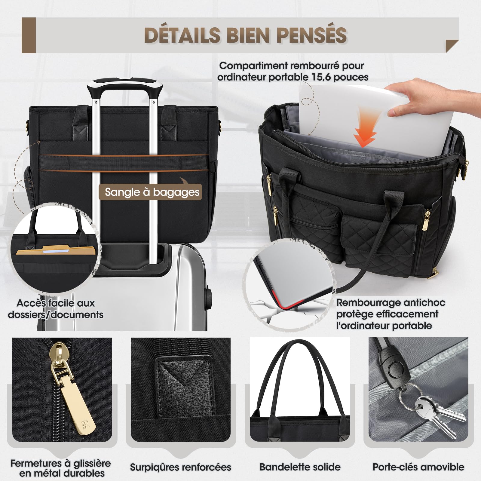 RAINSMORE Sac Enseignant Sac Ordinateur Femme 15,6 Pouces avec Compartiment Isotherme Grand Sacoche Cabas de Travail pour Infirmière Bureau Université Noir