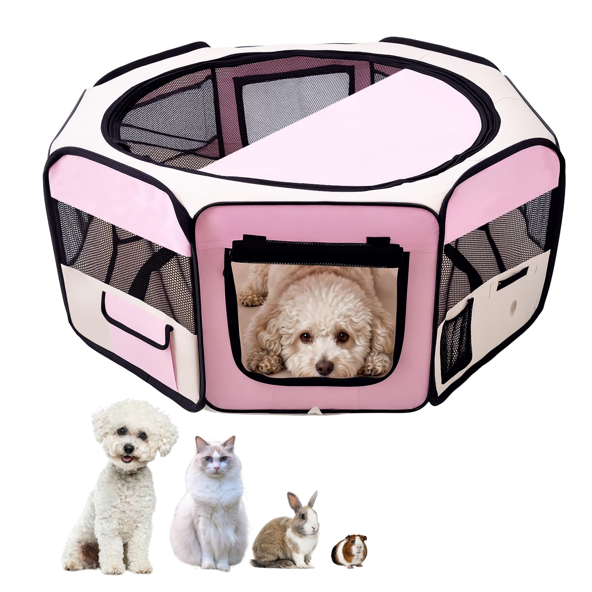 PawHut 600D Oxford Soft Fabric Kennel, Portable Lightweight Cat Dog Playpen, Foldable Pet Puppy Rabbit Guinea Pig Pen Run Dia 90 x 41H cm Indoor & Outdoor Pink