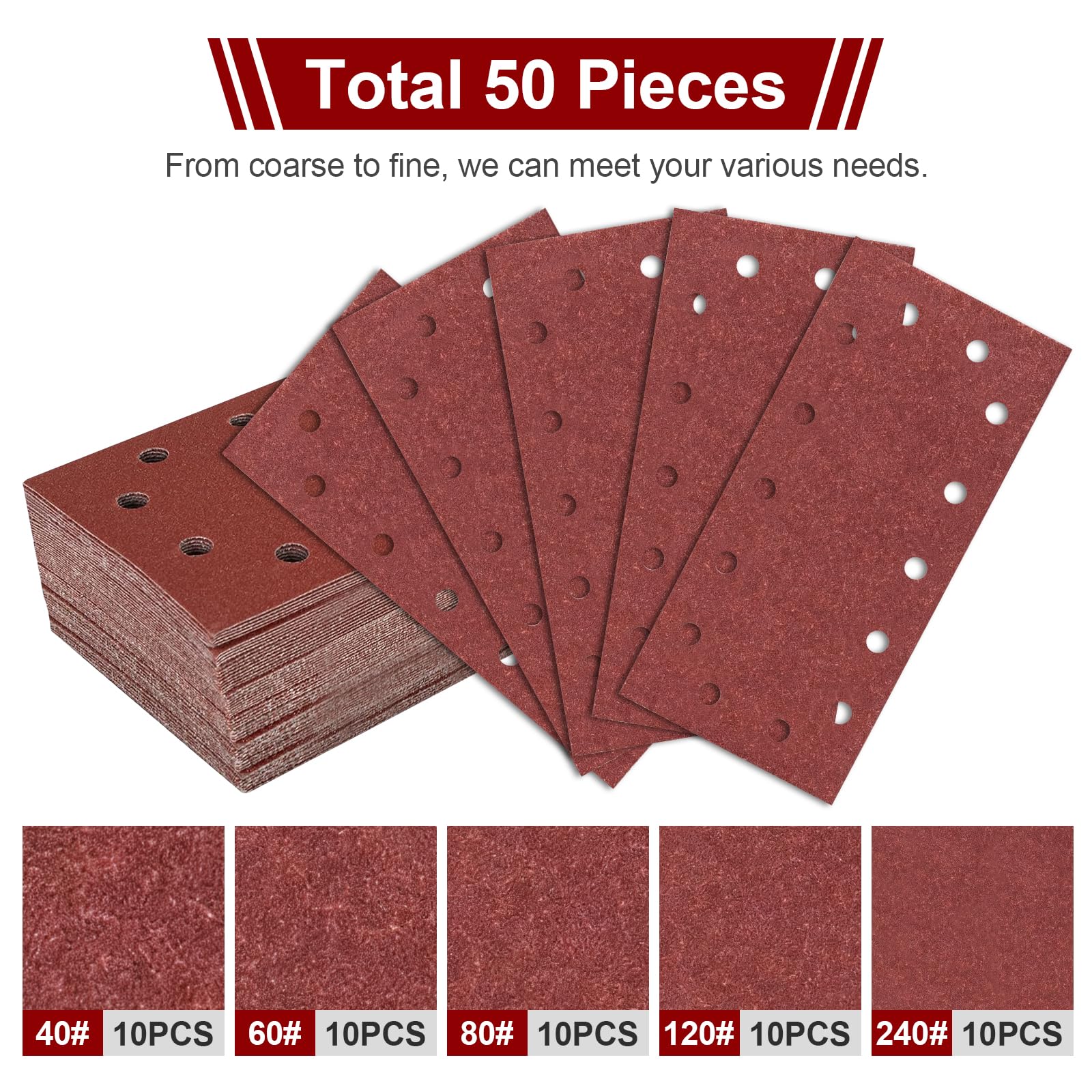 50 Pièces Papier A Poncer, 14 Trous, 230 X 115 Mm, Papier De Verre, Grain 40/60/80/120/240, Patin De Ponçage Rectangulaire Pour Ponceuse Orbitale