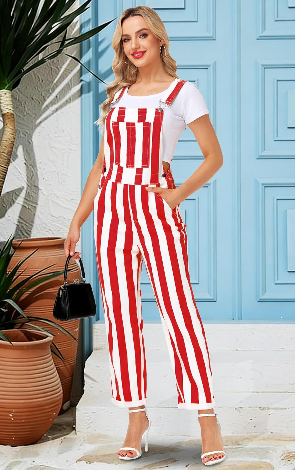 Womens Striped Bibs Overalls Cotton Denim Coveralls Stretch Jeans Jumpsuit - Image 2