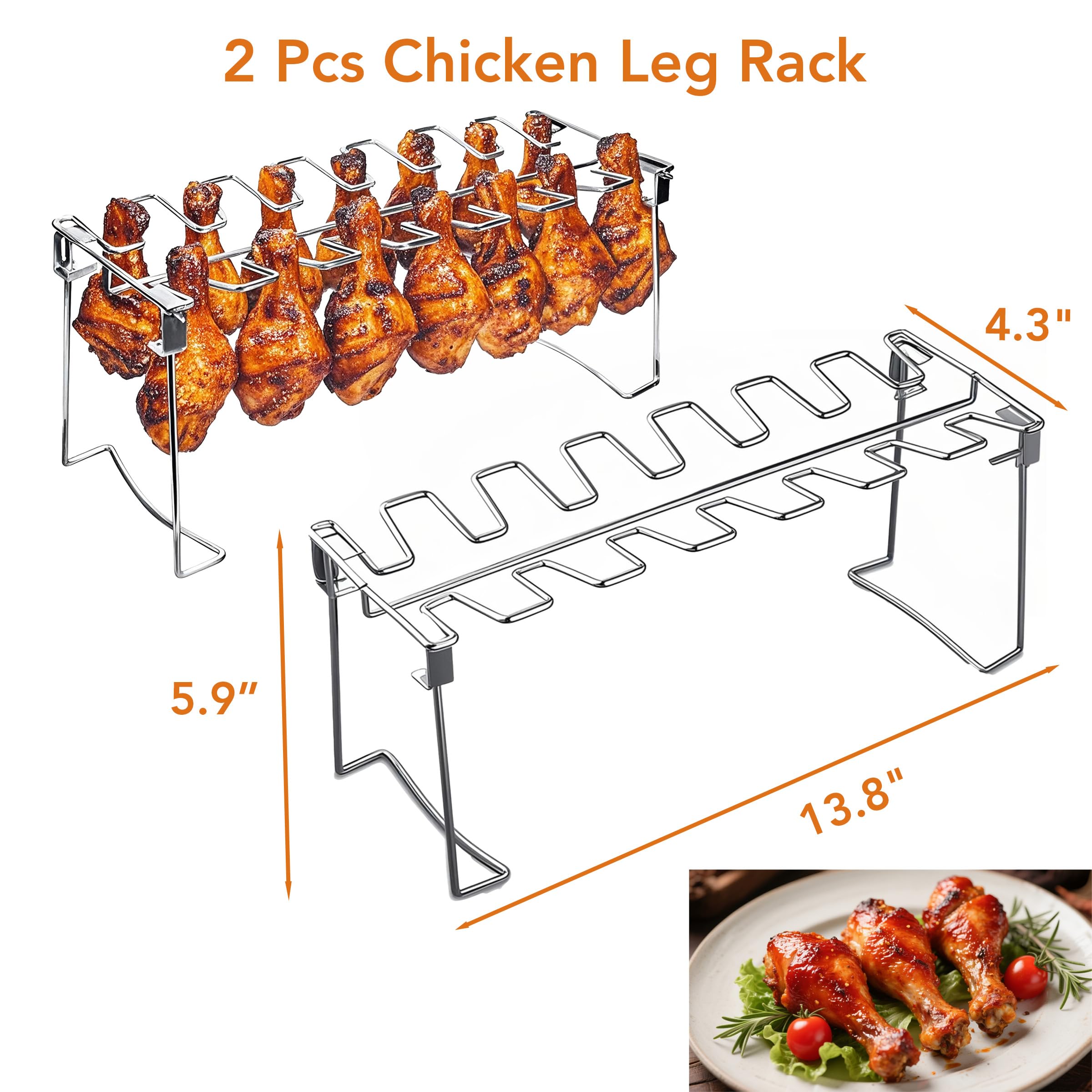 Perchero de patas de pollo para parrilla con 14 ranuras, juego de 2 piezas de acero inoxidable de grado profesional, soporte para muslos de pollo, estante de metal para ahumador, horno y 4