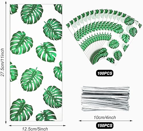Miniatura 2 de Thenshop 100 bolsas hawaianas de celofán Luau para golosinas, hojas de palmera tropical, selva, Aloha, bolsas transparentes de regalo de golosinas