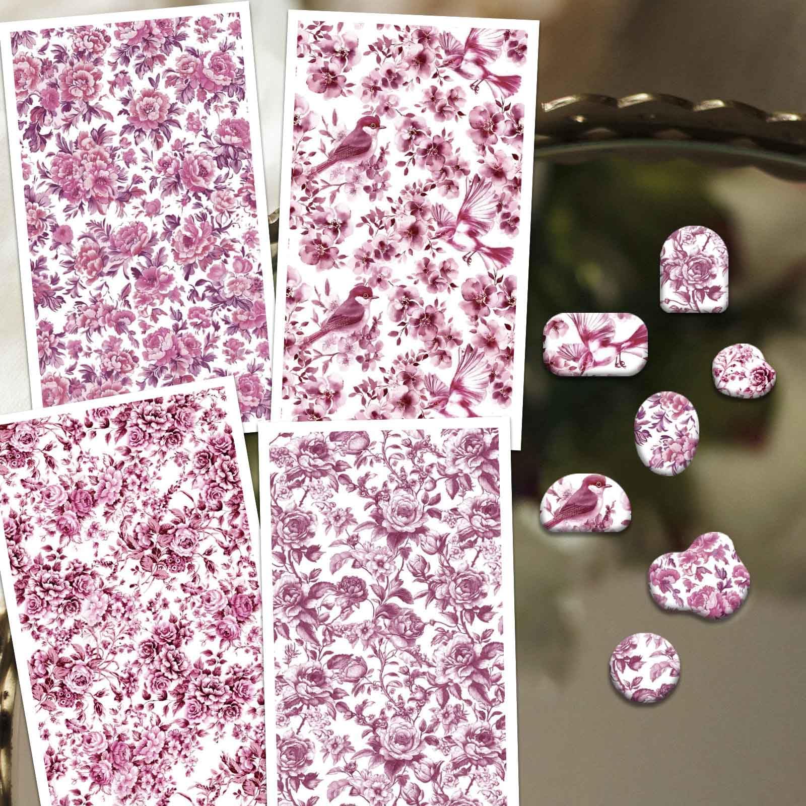 OLYCRAFT 24Pcs Pink Oriental Floral Clay Transfer Paper 4 Design Transfers Paper for Polymer Pink Peonies Polymer Clay Transfer Sheets Small Ceramic Decals for Earrings Jewelry Making - Image 4