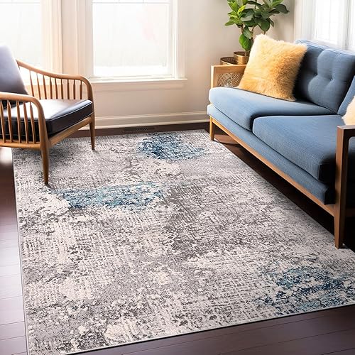 Rugshop Alfombra de área suave abstracta envejecida resistente a las manchas, 5 x 7 pies, color azul