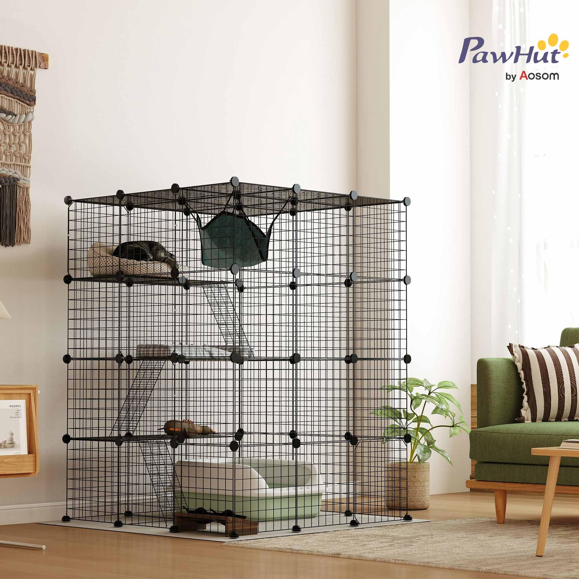 PawHut Jaula Grande para Gatos Interior de 4 Niveles con 5 Puertas, 3 Plataformas de Salto y 3 Rampas, Hamaca, Recinto y Parque para Mascotas, 105x105x140 cm, Negro