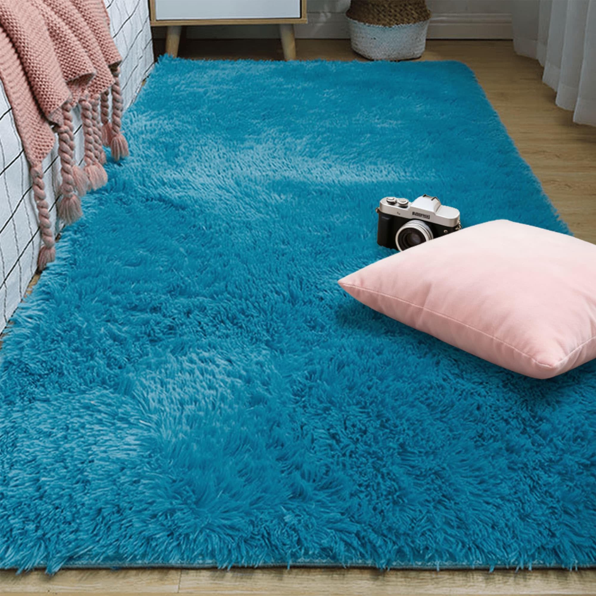 Tapis de salon shaggy bleu 300x320 cm lavable pour une ambiance moderne