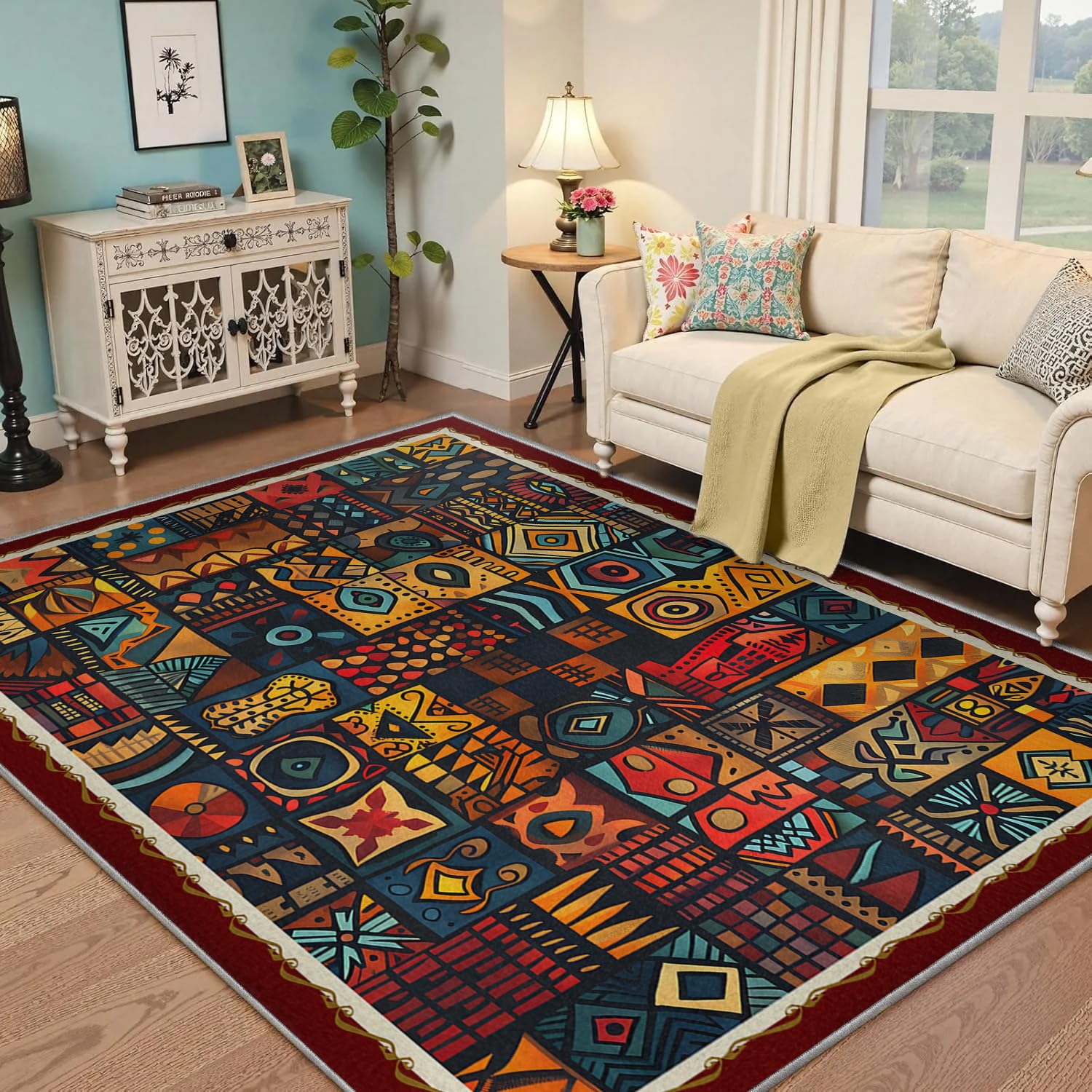 Etniczny dywan plemienny, retro boho geometryczne klocki z siatki, można prać w pralce, dywan do salonu, mata antypoślizgowa do domowego biura, mieszkanie 180 x 200 cm