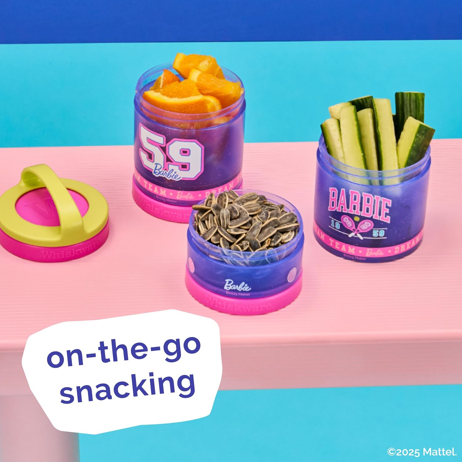 Barbie 59 (Sports) Whiskware Stackable Snack Pack - 3 Jar + Handle - Yellow/Pink/Purple
