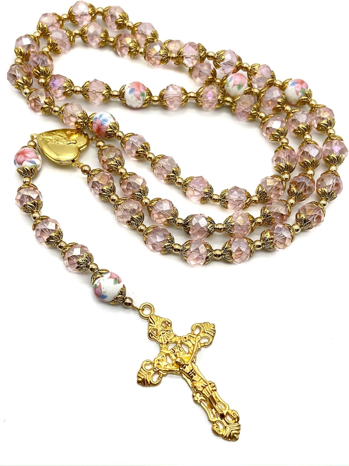 Nazareth Store Catholic Pink Crystal Beads Gold Rosary Flowers Beaded Necklace Holy Mary Heart Locket Medal & Cross Religious Amulet for Women - Image 7
