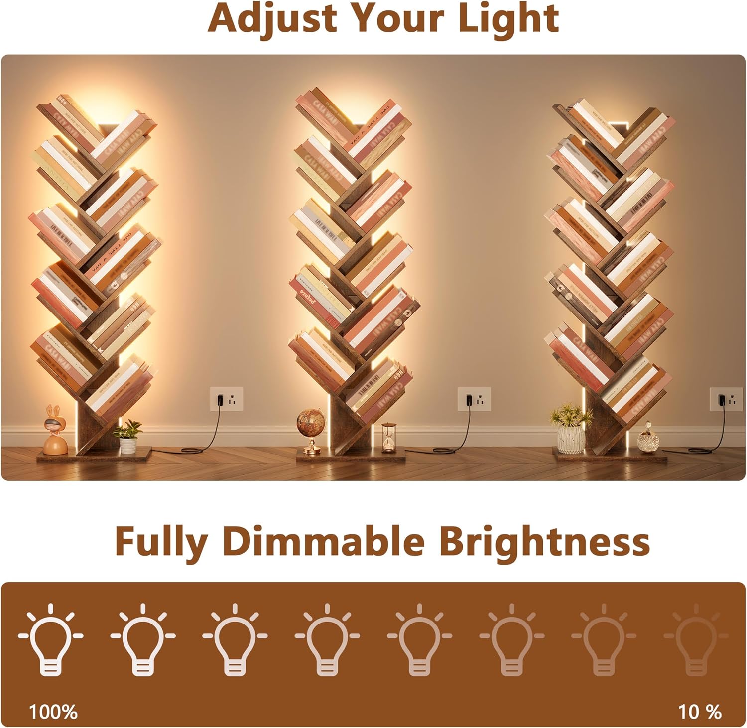 Hoctieon 10 Tier Tree Bookshelf, Tall Bookcase, Freestanding Book Shelf with LED Lights, Display Floor Standing Storage Shelf, Book Organizer Shelves for Home Office, Living Room, Rustic Brown