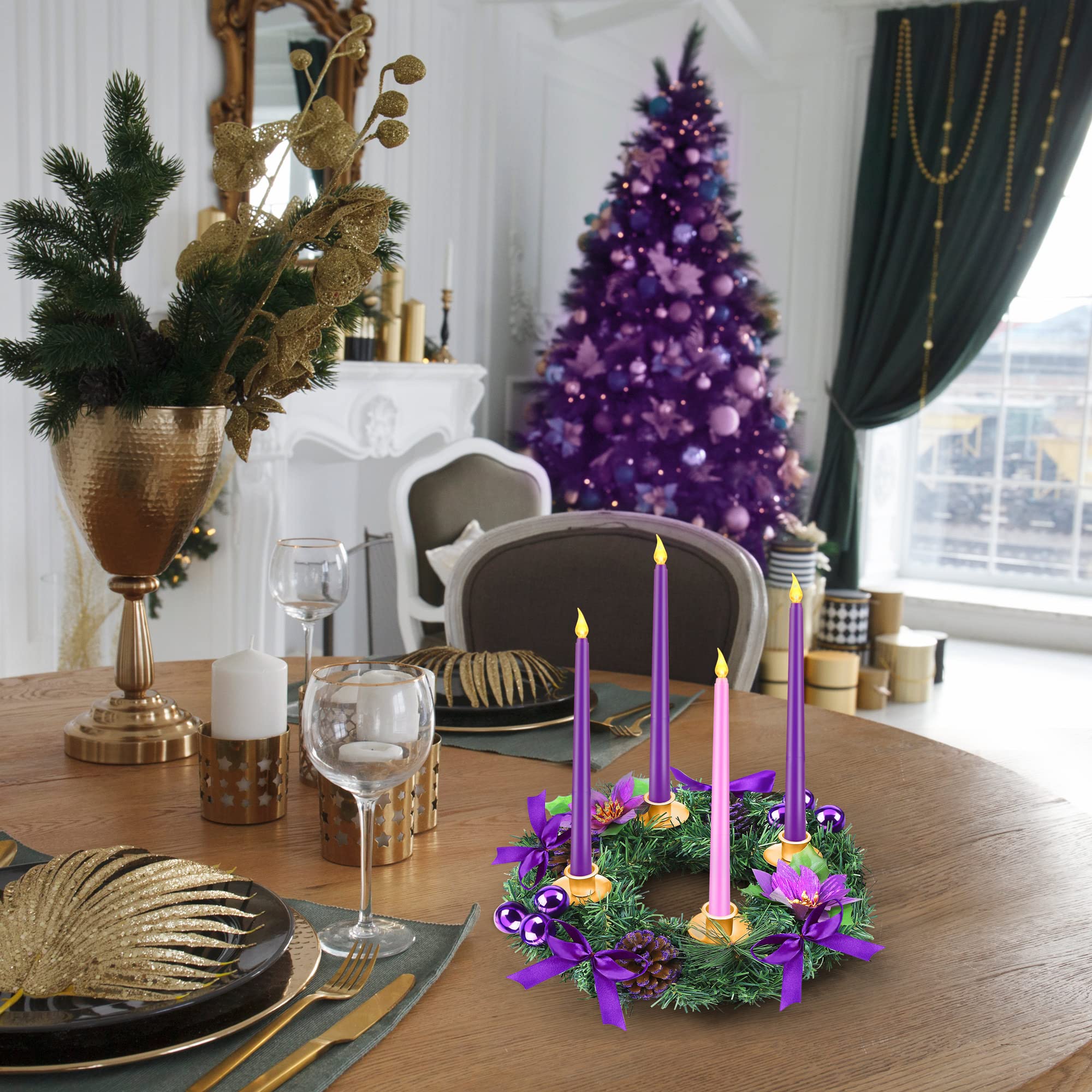 Fovths Couronne de l'Avent de 30,5 cm avec 4 bougies coniques sans flamme et télécommande pour décoration de Noël, maison, église, violet