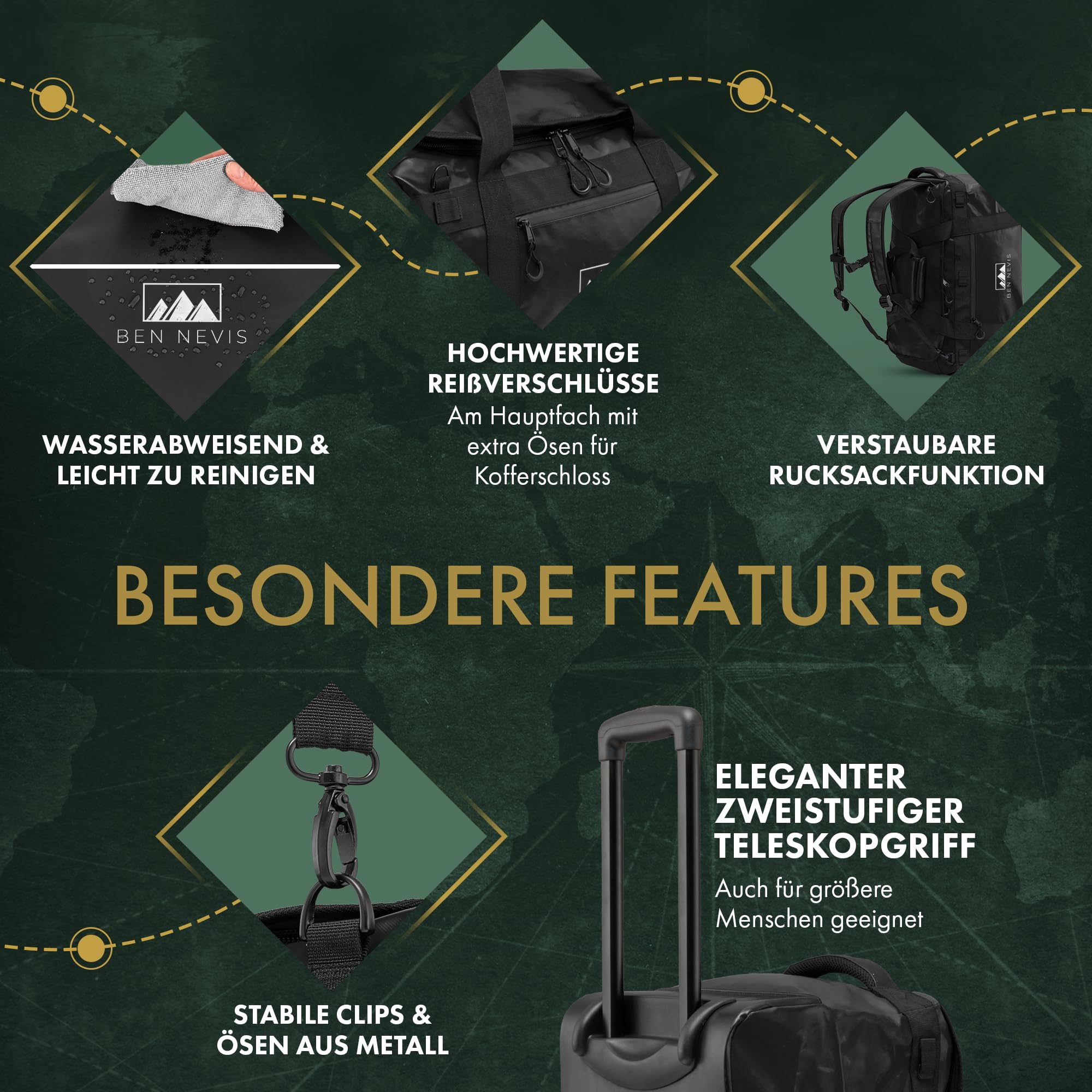 BEN NEVIS Reisetasche mit Rollen – 3in1 Tasche Trolley & Rucksack [60L Groß] Travel Bag Reisekoffer Duffle Bag Sporttasche Rollen Reisetaschen Koffer | Luggage | Reisetasche Damen & Herren