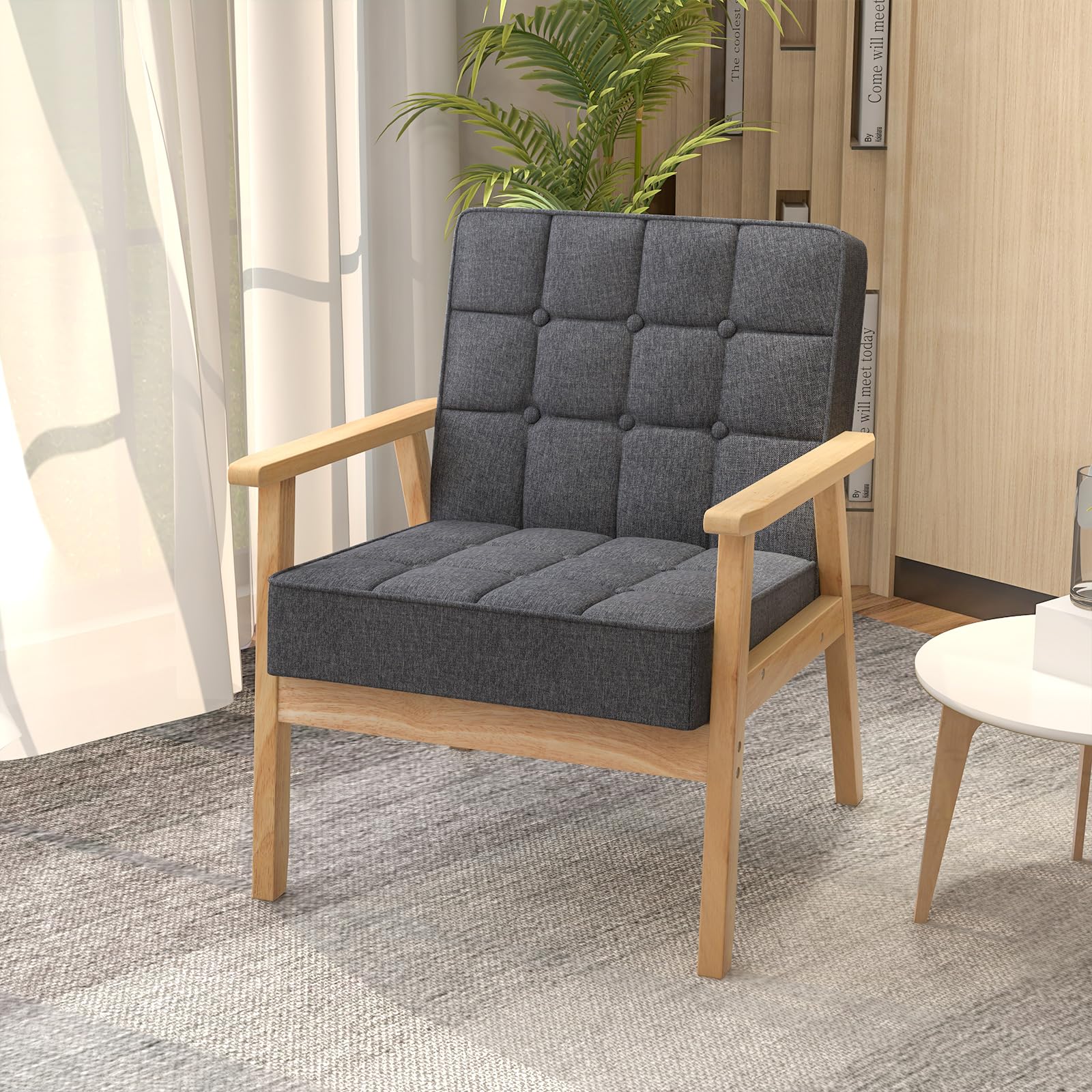 COSTWAY Fotel do salonu, tapicerowany, nowoczesne krzesło akcentujące z podłokietnikami z drewna gumowego, pojedyncza sofa do salonu, sypialni (kolor szary)