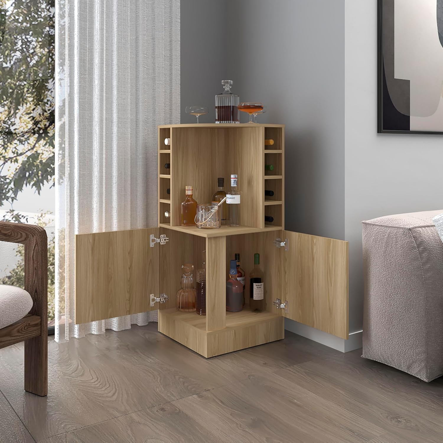 Corner Bar Wine Cabinet with Bottle Rack,Open Shelves,and Hidden Storage,for Living Room,Dining Room,Kitchen,Natural Oak