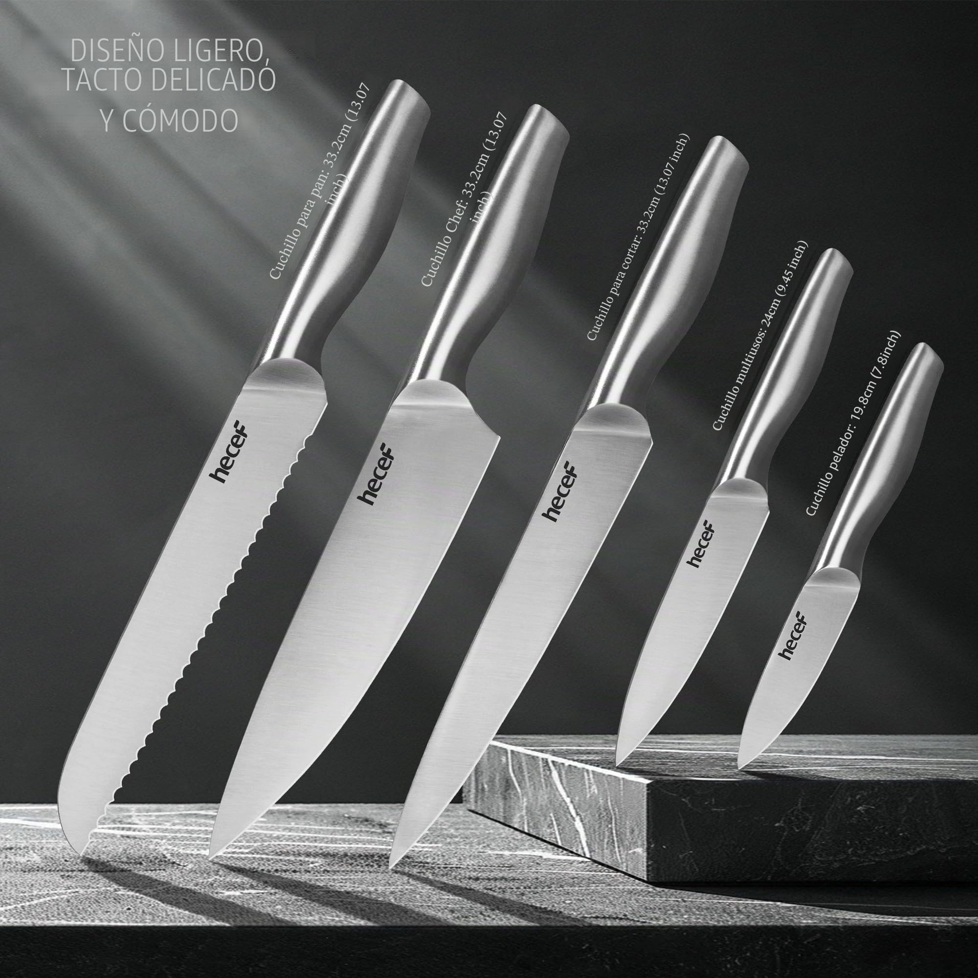hecef Cuchillos Cocina con Bloque de Madera 6 Piezas, Acero Inoxidable Facas de Cozinha, Bloque de Cuchillos con Estante para Tabla de Cortar, Negro