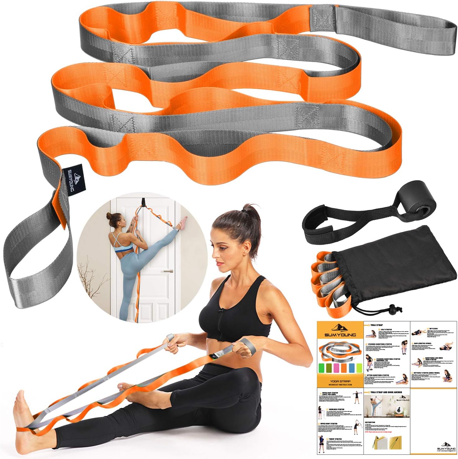 Yoga Strap, Stretch Strap with 12 Loops, Nonelastic Stretch Bands for Exercise, Physical Therapy, Pilates, Dance and Gymnastics, Extra Thick, Durable, Comes with Travel Bag and Door Anchor-Orange : Sports & Outdoors