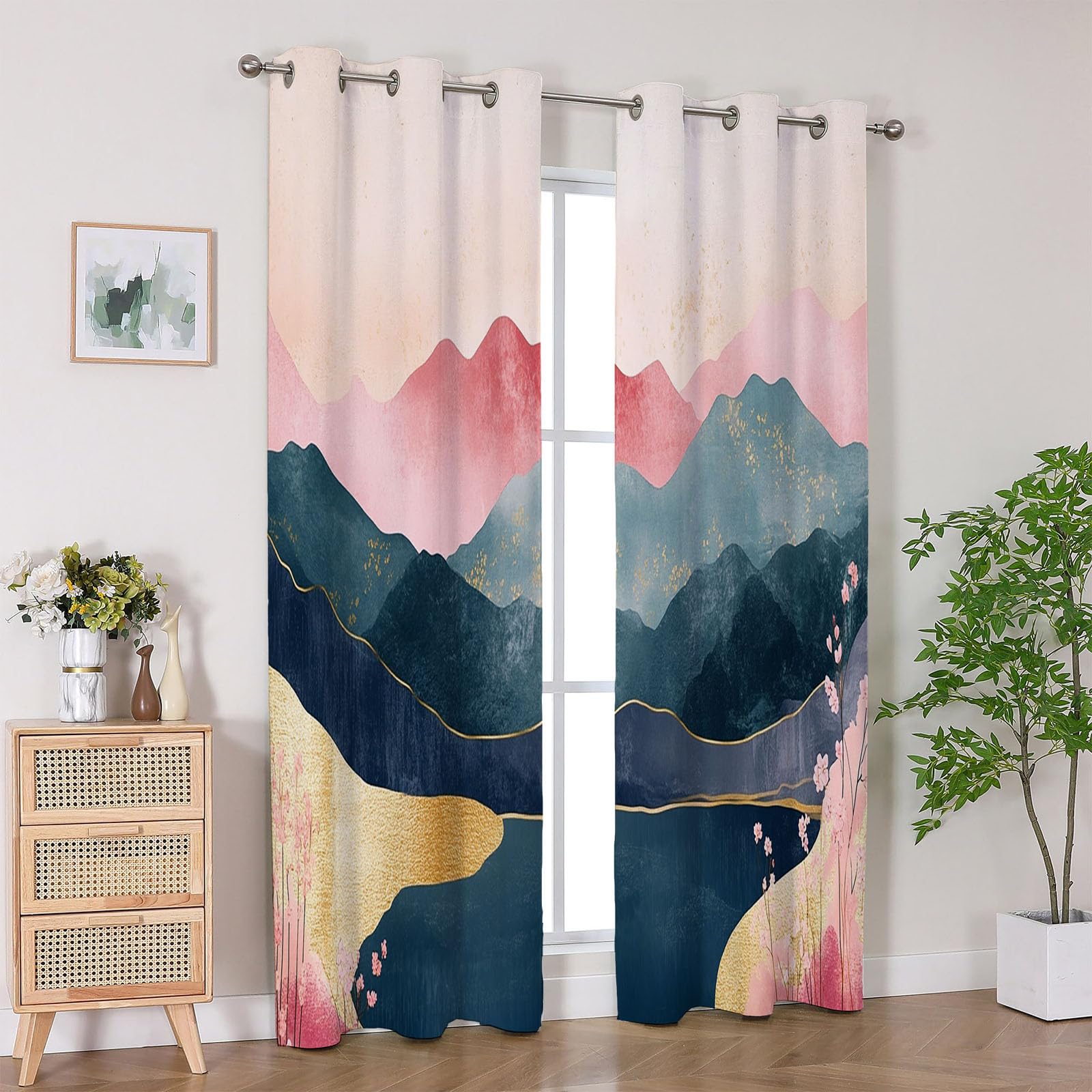 Vorhänge Blickdicht, Rosa Teal Goldfolie Berg Kirschblüten orientalisch Modern Abstrakt Vorhang für Wohnzimmer Schlafzimmer, Thermovorhang Kälteschutz Gardinen,-H240 x B140 cm (2er Pack)