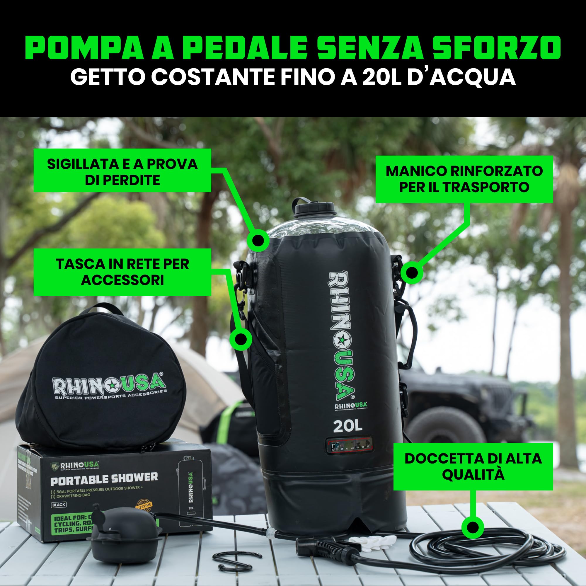 Rhino USA Doccia portatile da campeggio solare da 20 l, essenziale per campeggio, festival, overlanding, gite in spiaggia, doccia all'aperto e molto altro ancora