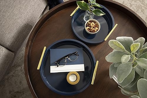 Miniatura 4 de Kate and Laurel Lipton - Juego de bandejas redondas modernas, juego de 2, azul marino y dorado, juego de bandejas decorativas glamorosas para Azul