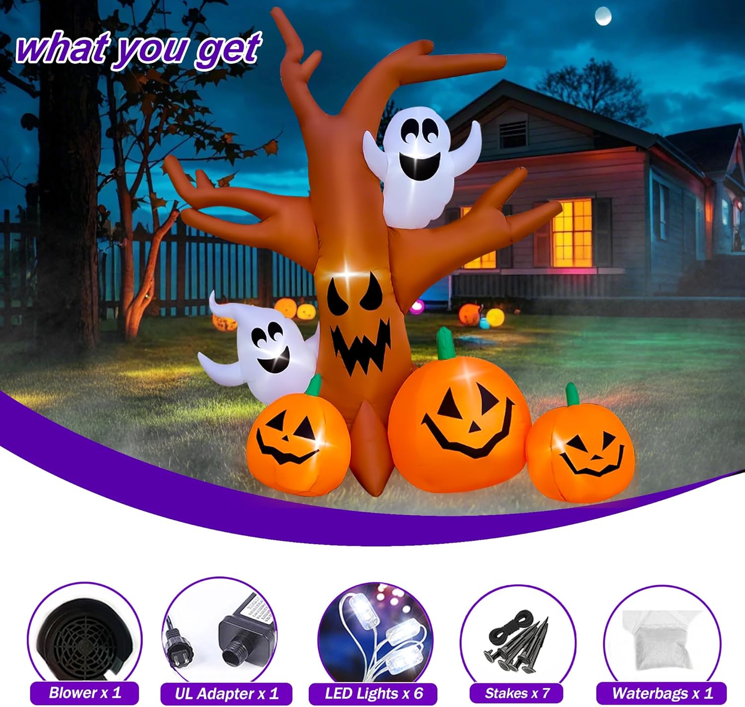 SEASONBLOW 8 Ft Halloween Inflatable Dead Tree with Ghosts Pumpkins Decoration Blow up Decor for Lawn Patio Indoor Outdoor Home Yard Party