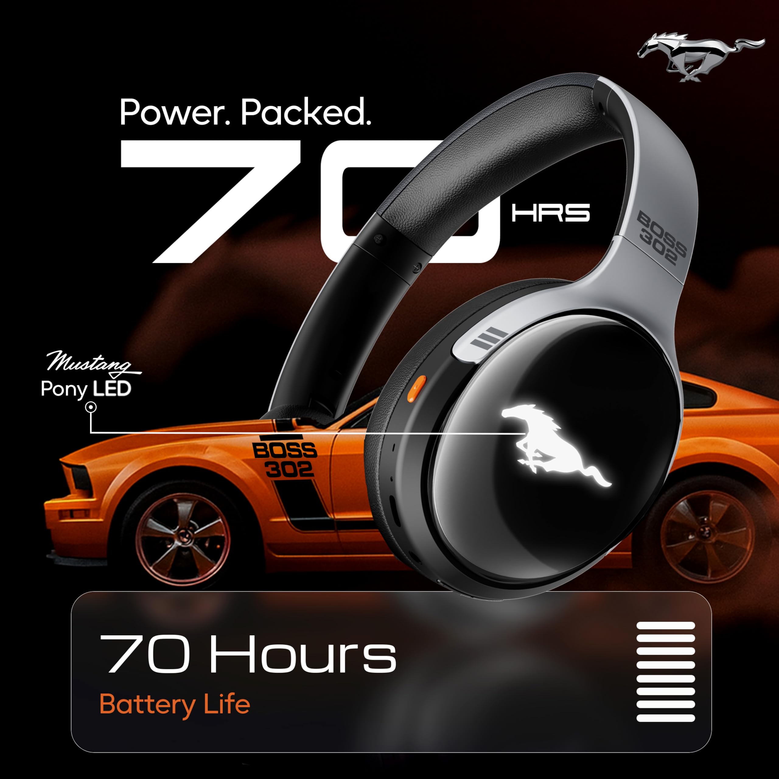 GOBOULT Mustang Thunder Bluetooth Headphones with Upto 70H Playtime, BoomX Technology, Brightness LEDs, 40mm Driver, Zen ENC Mic, BTv 5.4, Type-C Fast Charging, Over Ear Wireless Headphone with Mic — Amazon image 4