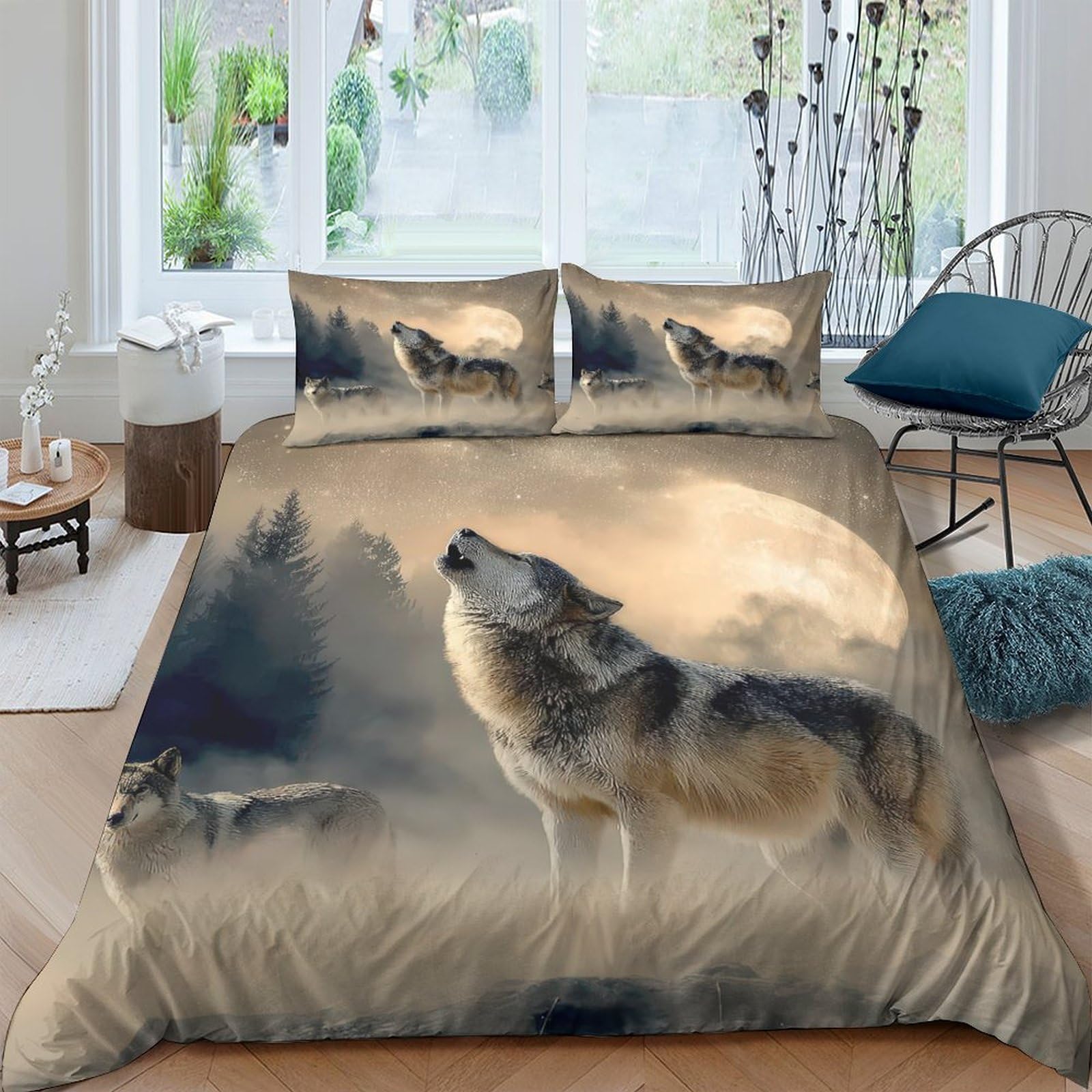 Ctjqhvkz Style-5 3D Printed Howling Wolf Fitted Sheet Microfiber Soft Breathable Moon Night Mattress Cover For Bedroom Decor Dorm Single（135X200cm）