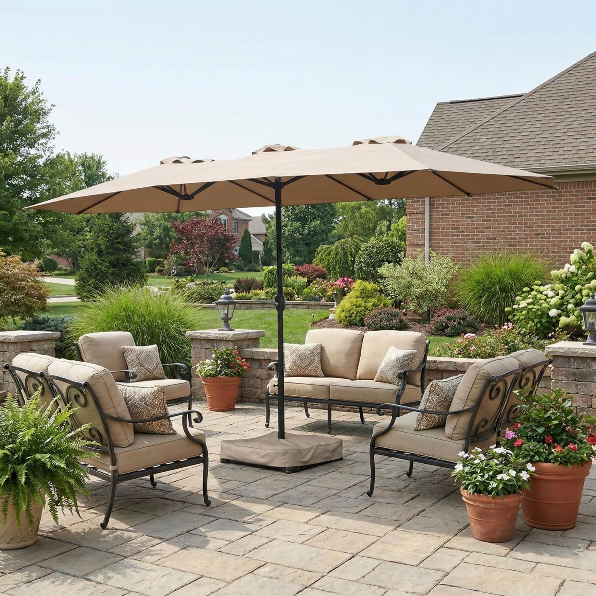 Garden Winds Durable 350 Replacement Canopy Top Compatible With Real Living Triple 15' Umbrella Models BS17031, BS19080-LI, BS19081-NA