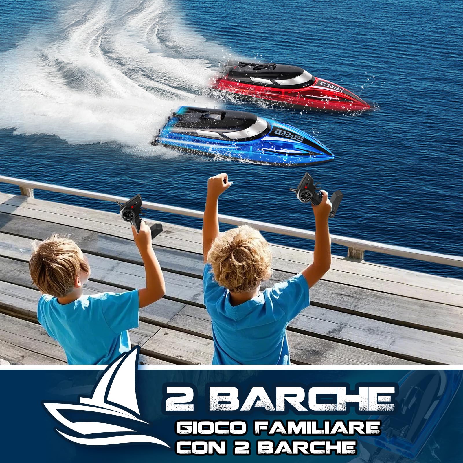 JONRRYIN Barca Telecomandata per Bambini, 2 Pezzi Impermeabile Barca Radiocomandata con Luce LED, 2,4 GHz Barca RC per Piscine e Laghi per Adulti e Bambini (Rosso+Blu)