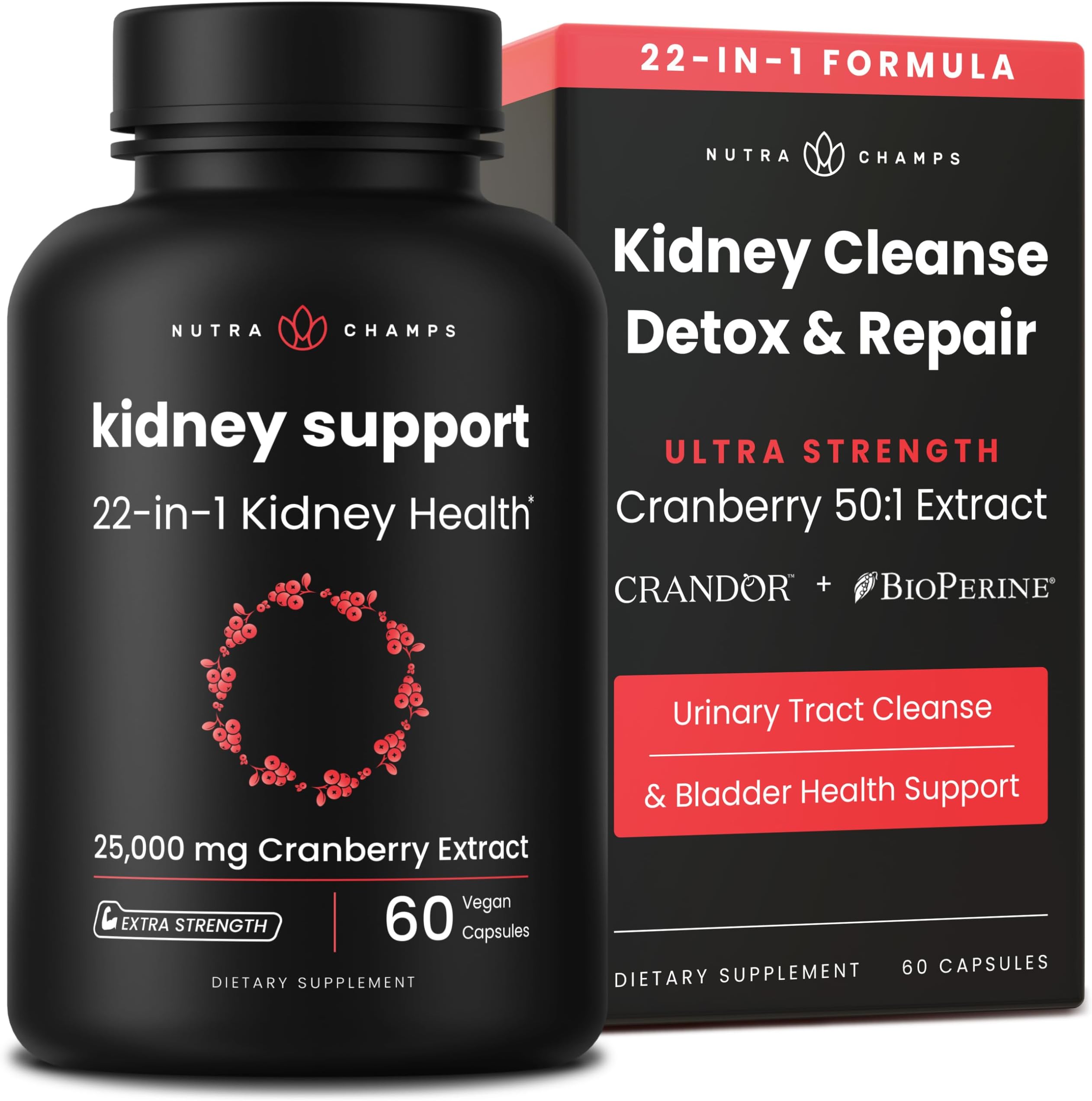 Kidney Cleanse Detox | 22-in-1 Kidney Support Supplement | 25,000mg Cranberry Pills Extract | Extra Strength Repair & Flush Premium Formula | Urinary Tract Health for Women & Men | 60 Vegan Capsules