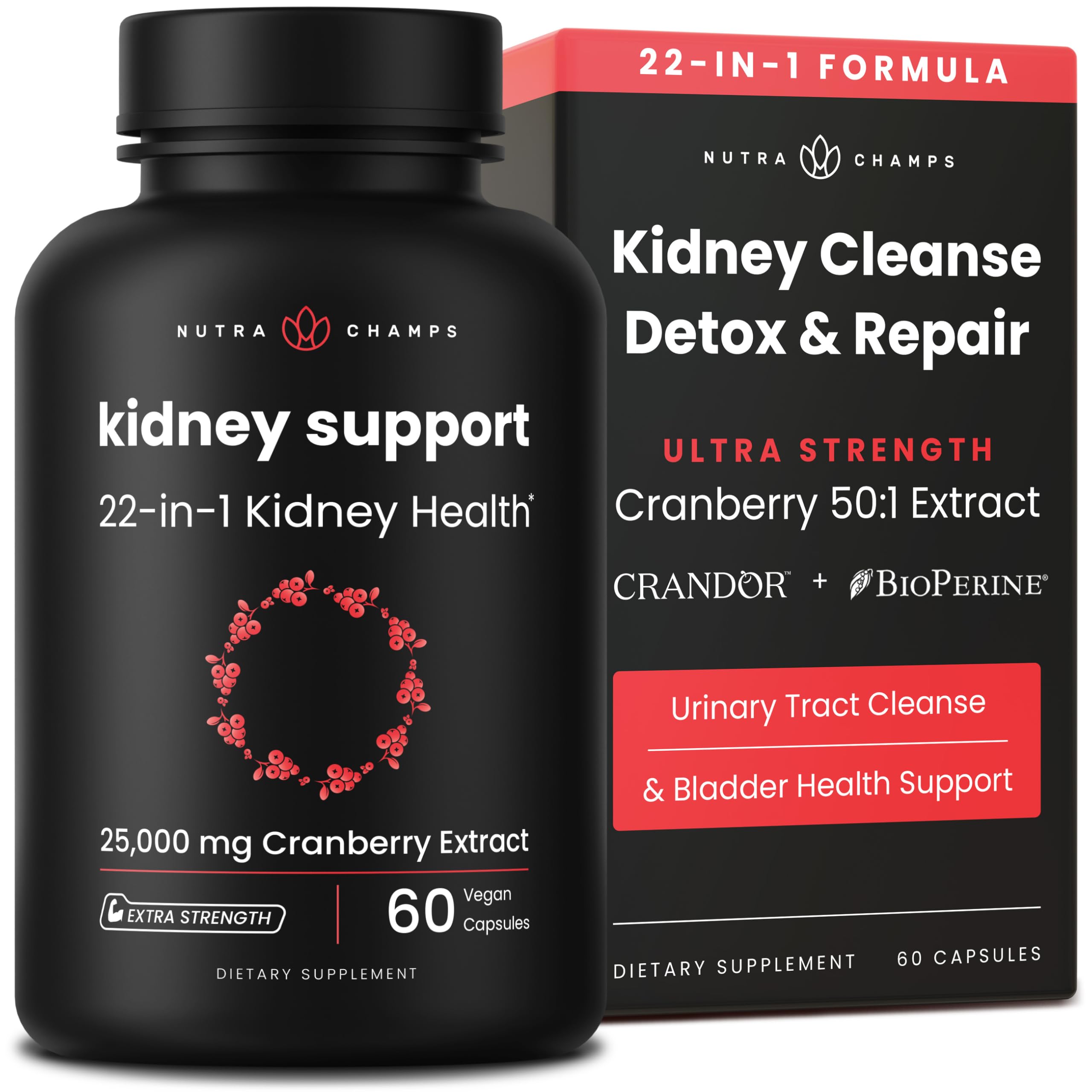 Kidney Cleanse Detox | 22-in-1 Kidney Support Supplement | 25,000mg Cranberry Pills Extract | Extra Strength Repair & Flush Premium Formula | Urinary
