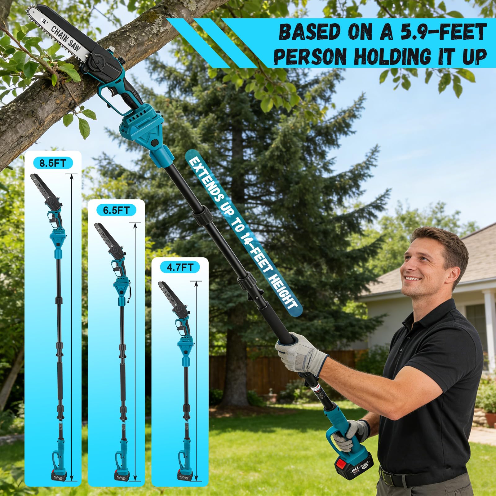 Cortacésped 2 en 1, mini motosierra de 8 pulgadas, tijeras eléctricas para árboles con varilla telescópica ajustable de 1,32 a 2,3 m, podadora eléctrica con 2 baterías y cargador para poda de árboles