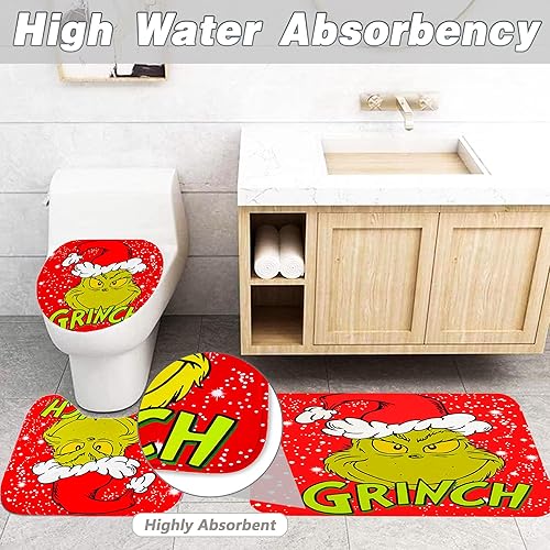 Miniatura 4 de ODAPTO Juego de 4 cortinas de ducha de Navidad con alfombras antideslizantes, cubierta para tapa de inodoro y tapete de baño con 12 ganchos de 72 x