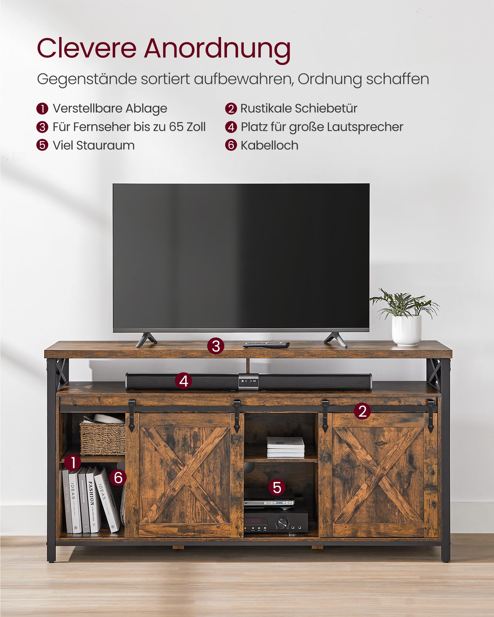 VASAGLE TV-Schrank, Lowboard für Fernseher bis zu 65 Zoll, mit verstellbaren Ablagen, rustikale Tür, Landhausstil, Metallgestell, vintagebraun-schwarz LTV071B01