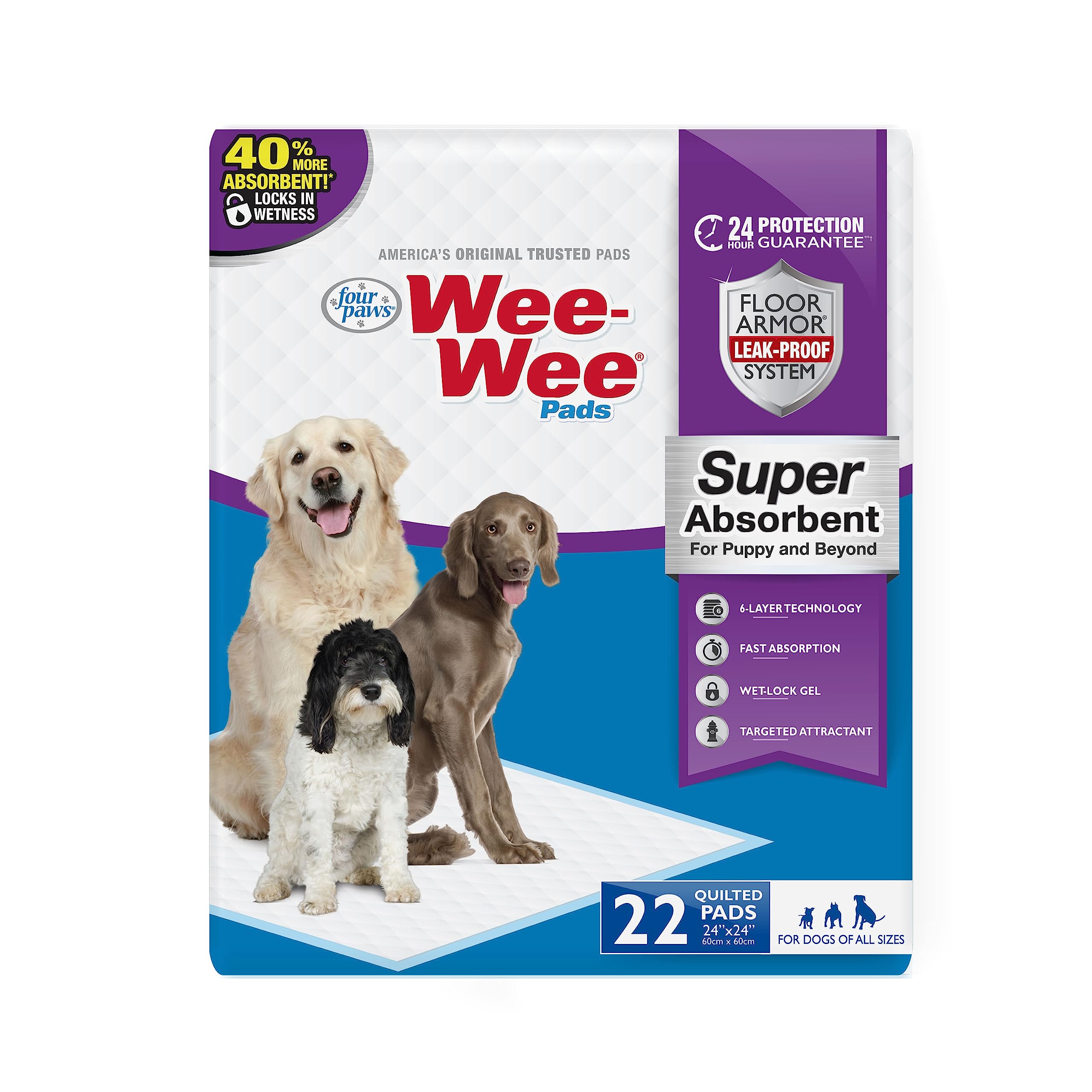 Four Paws Wee-Wee Super Absorbent Unscented Pee Pads for Dogs & Puppies with Insta-Rise Border, Leak-Proof Dog Housebreaking Potty Training Floor
