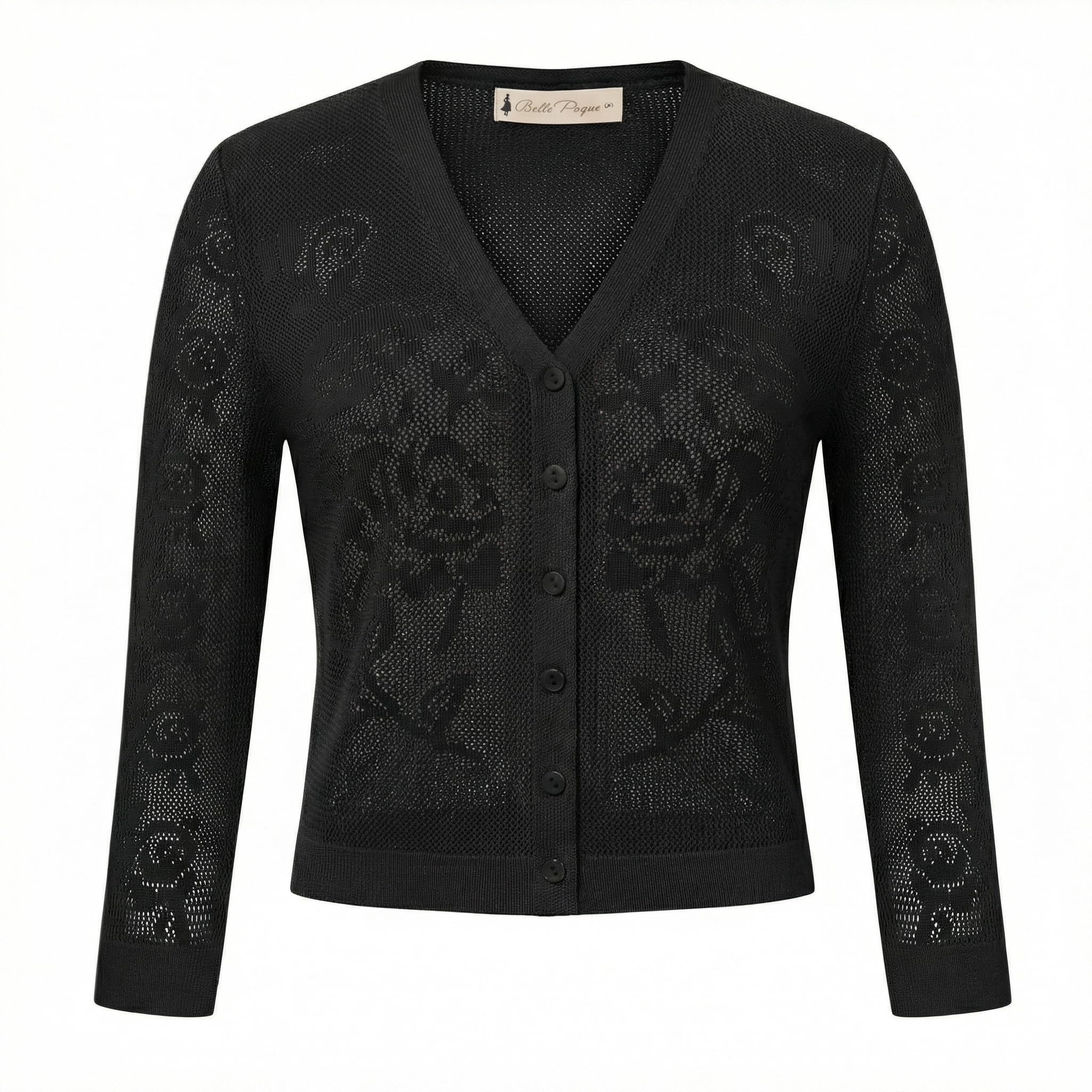 Womens Summer Cropped Cardigan Sweaters Lightweight Crochet Bolero Shrugs 3/4 Sleeve Button Down V Neck Cardigans-image-15