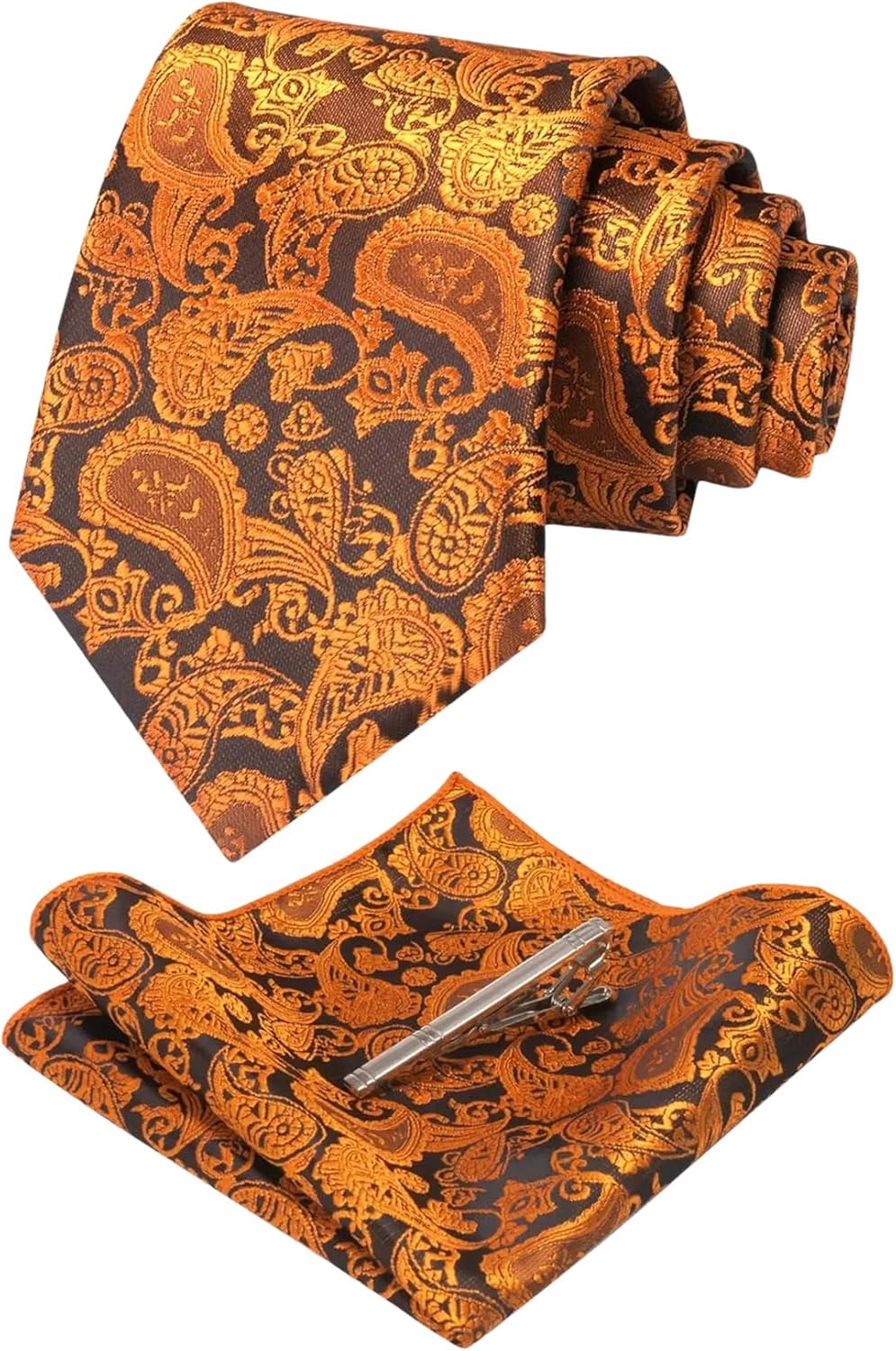 Mens Solid Color Paisley Necktie And Pocket Square With Tie Clip Sets