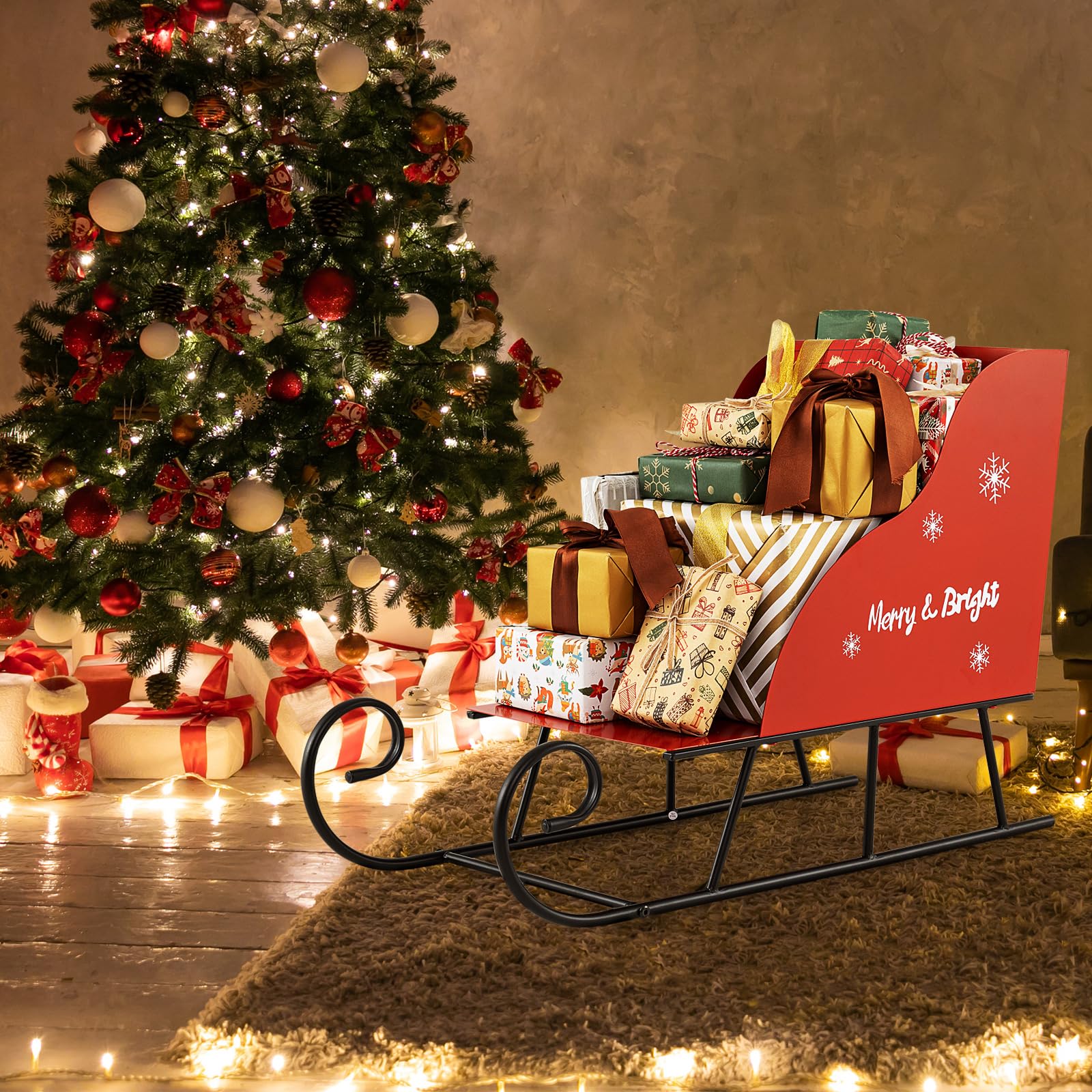 COSTWAY Deko Schlitten für Weihnachten, Weihnachtsschlitten aus Metall, Weihnachtsdeko groß Outdoor, Schlittenkorb Metallschlitten, Weihnachtsdekoration für Zuhause, Büro, 74 x 32 x 51 cm, Rot
