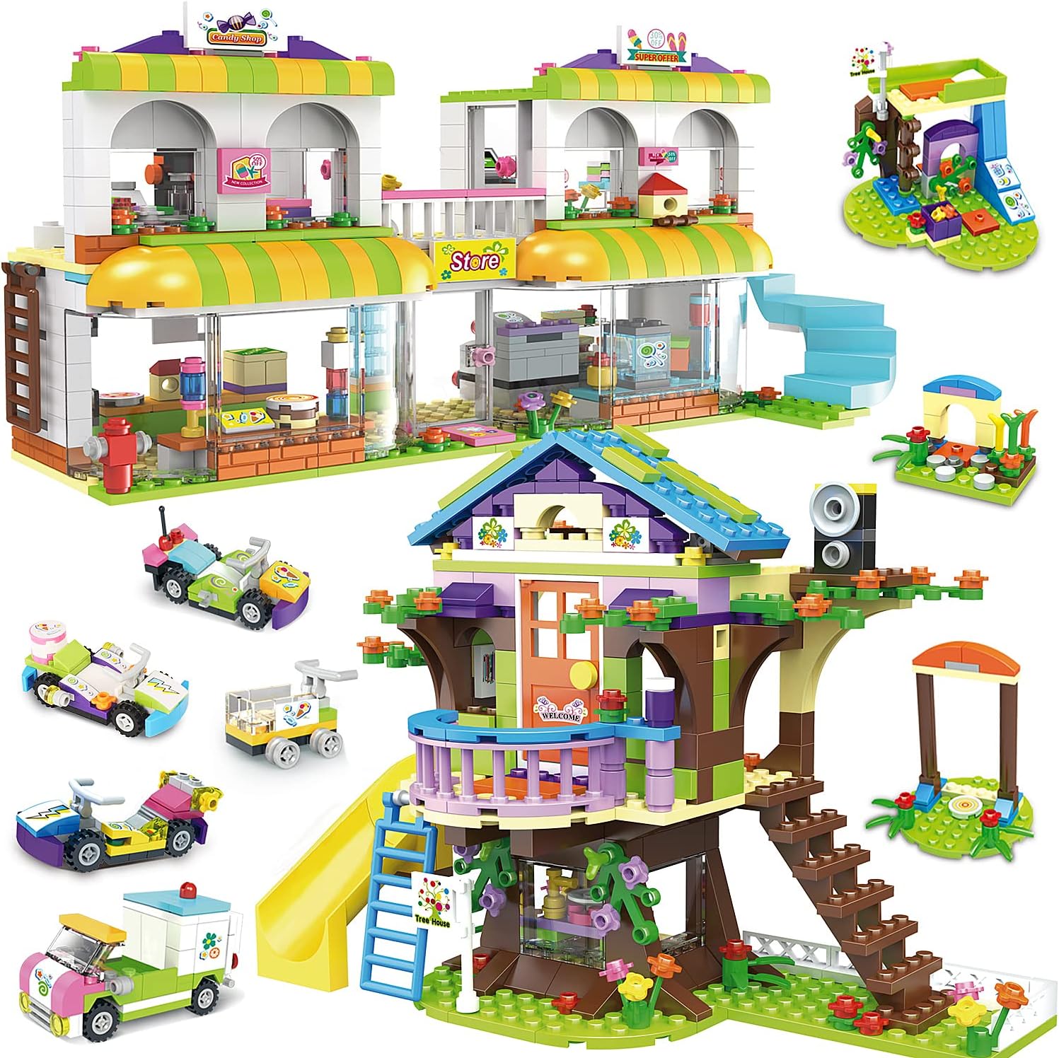Building Set for Girls and Friends Treehouse Playset, Shopping Mall House Set Building Kit for Girls 8-12, with Portable Storage Box, Christmas Birthday Present Gifts for Kids Girls 6-12 (1195 Pieces)