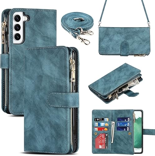 iCoverCase Funda tipo cartera para Samsung Galaxy S22 con soporte para tarjetas, función atril, funda de piel sintética con cordón ajustable cruzado