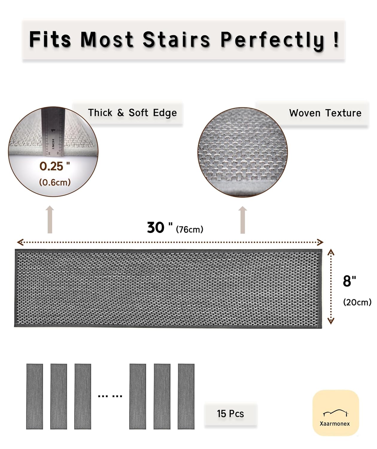 natural linen stair treads for wooden steps, 15 pcs 8" x 30",non slip stair runner, peel and stick carpet indoor for kids elders and pets (15, black, 8" x 30") 8" x 30" black 15