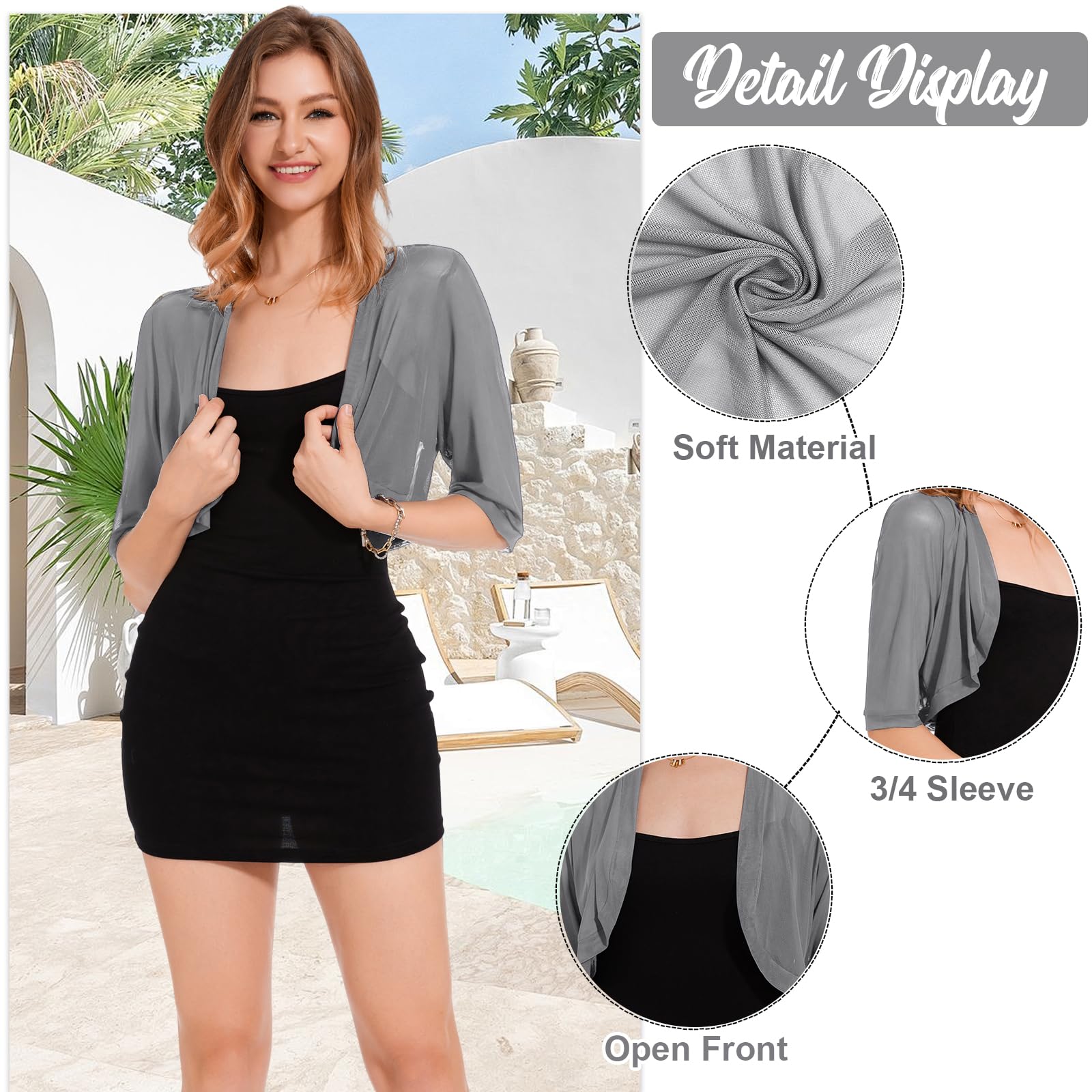 Bolero Mujer Verano Cardigan de Manga 3/4 Elegante Chaqueta para Fiesta Vestidos Toreras Ligero y Elastico Frente Abierto